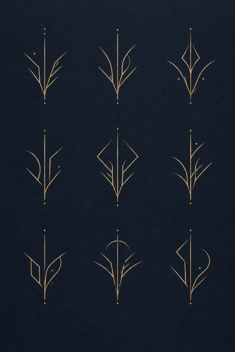 Nine gold signs branch around vertical stems on dark navy paper. Paired forms make balance and small differences the subject of the plate.