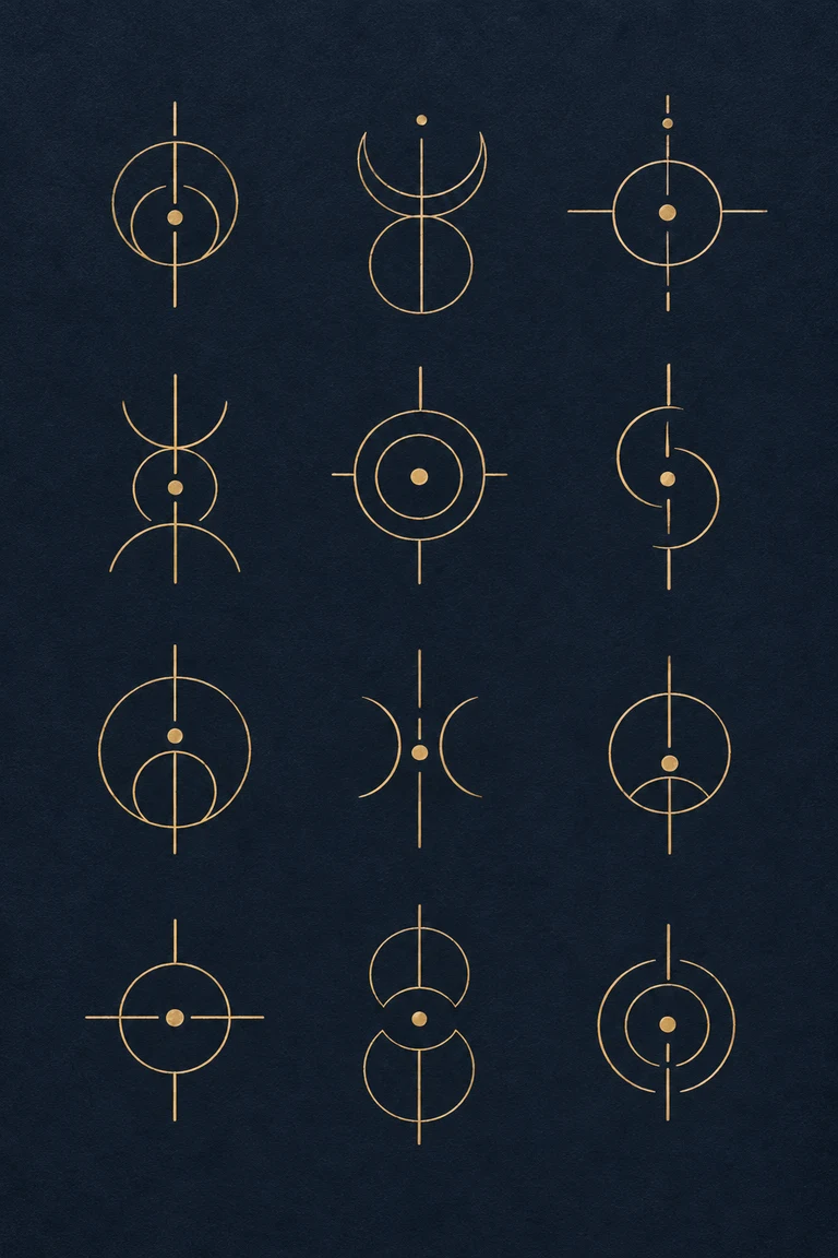 Twelve gold marks built from open rings, short strokes, and dots form a quiet grid on dark navy paper. Compare how a small change makes a related shape feel distinct.
