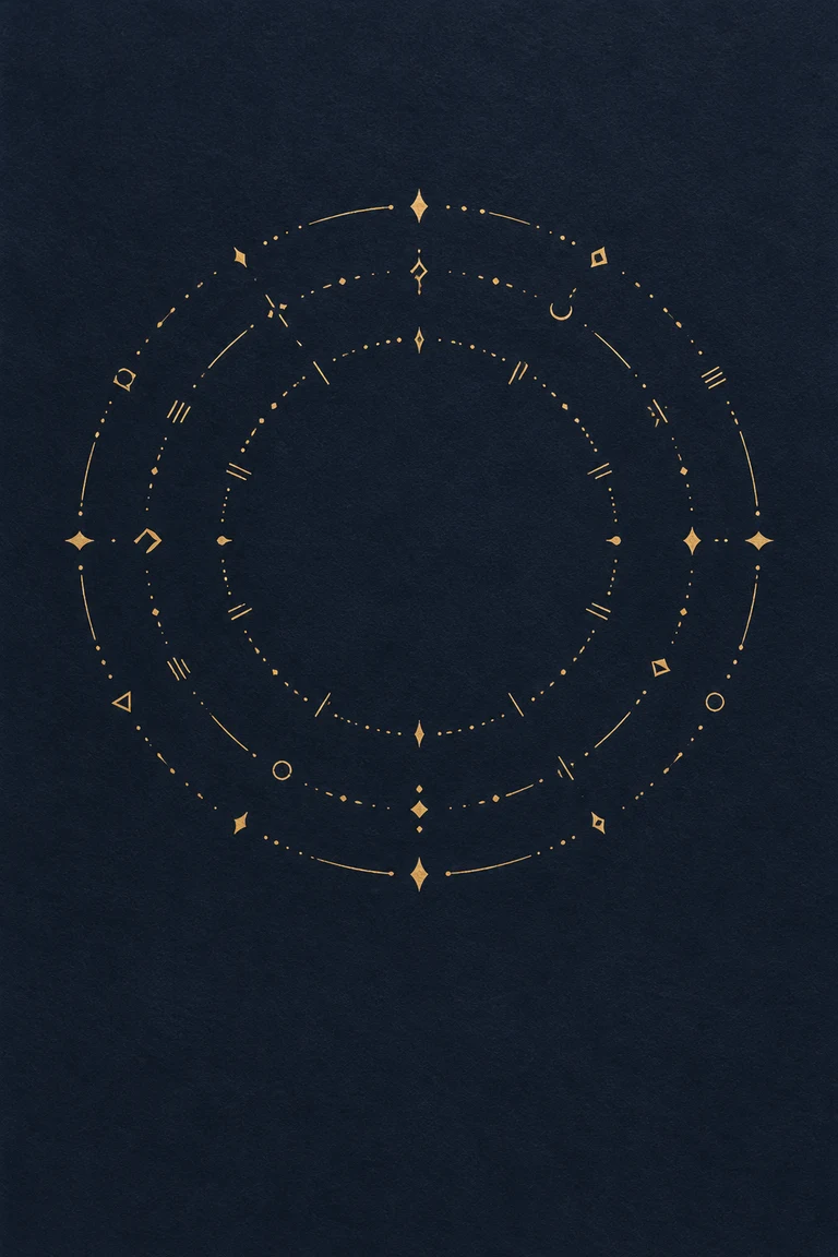 Gold marks follow three loose circular bands around an open center. The gaps between signs give this abstract plate its rhythm.