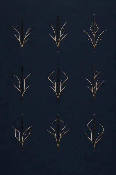 Nine gold signs branch around vertical stems on dark navy paper. Paired forms make balance and small differences the subject of the plate.
