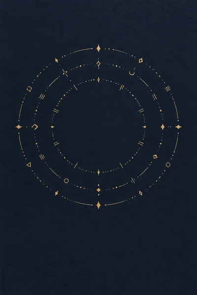 Gold marks follow three loose circular bands around an open center. The gaps between signs give this abstract plate its rhythm.