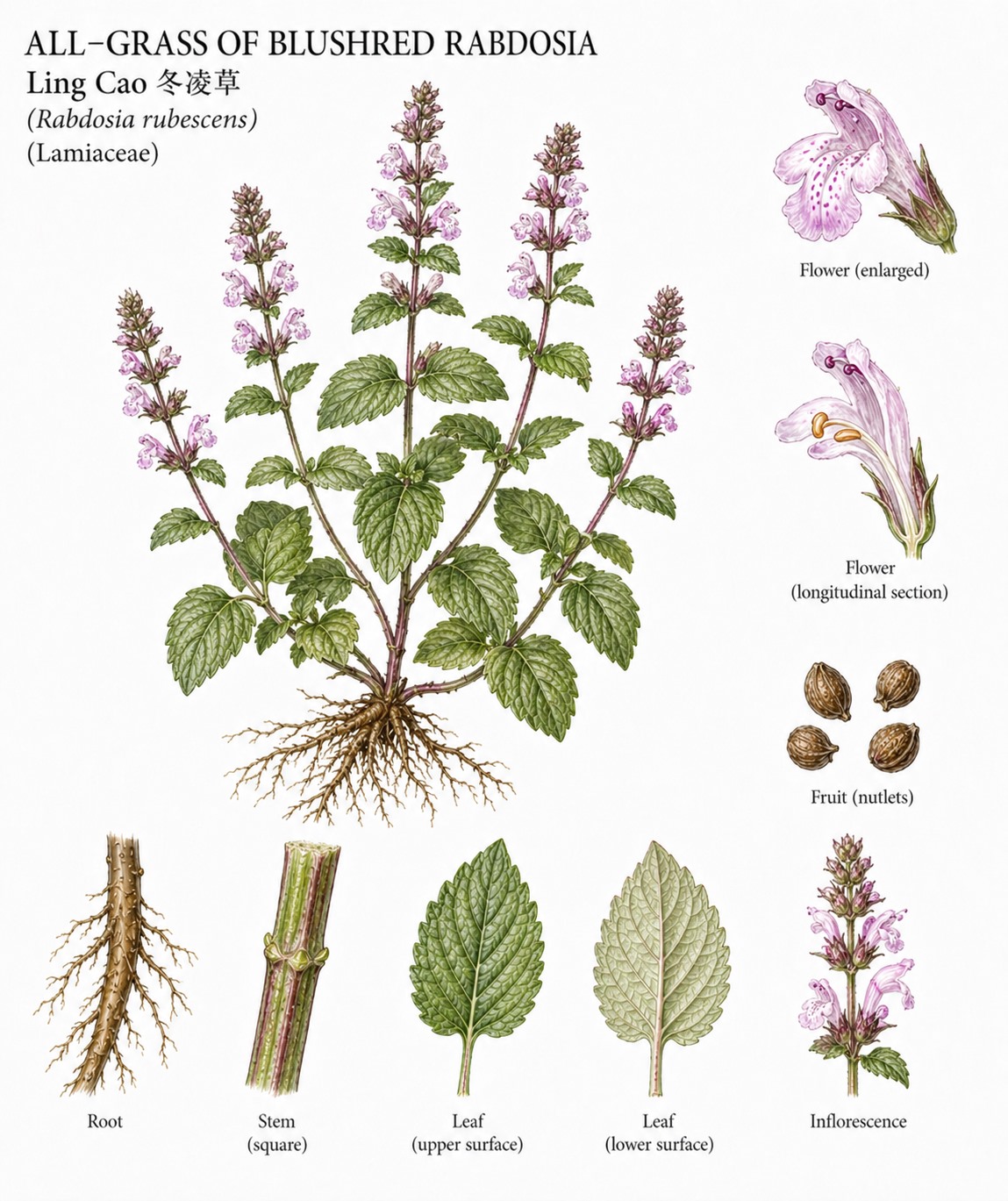 Botanical illustration of All-Grass of Blushred Rabdosia, Isodon rubescens, showing habit, leaves, flowers, fruit, seed, root, and diagnostic plant details.