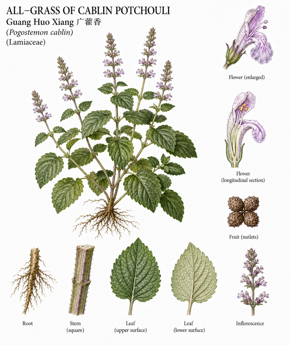 Botanical illustration of All-Grass of Cablin Potchouli, Pogostemon cablin, showing habit, leaves, flowers, fruit, seed, root, and diagnostic plant details.