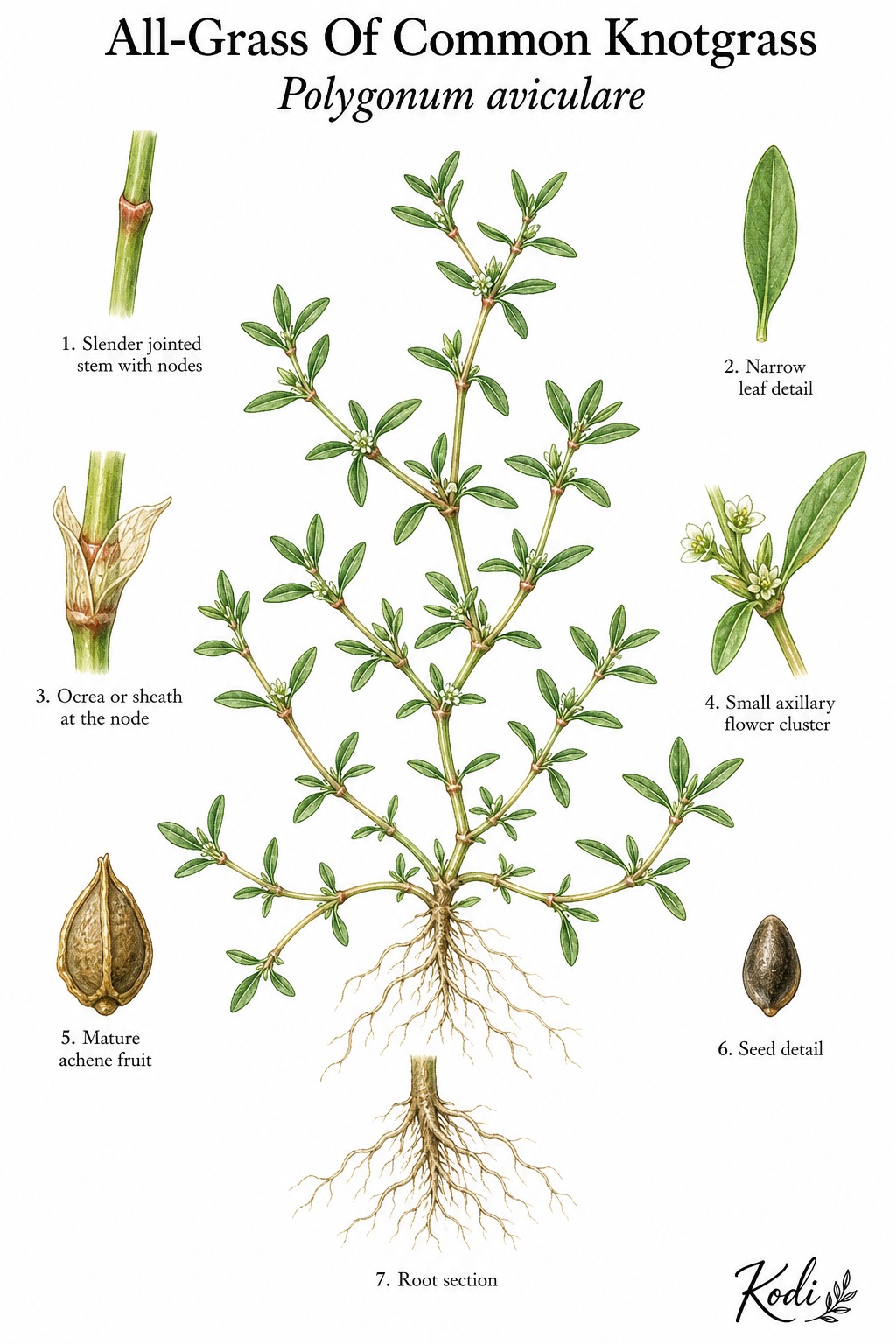 Botanical illustration of All-Grass Of Common Knotgrass, Polygonum aviculare, showing habit, leaves, flowers, fruit, seed, root, and diagnostic plant details.