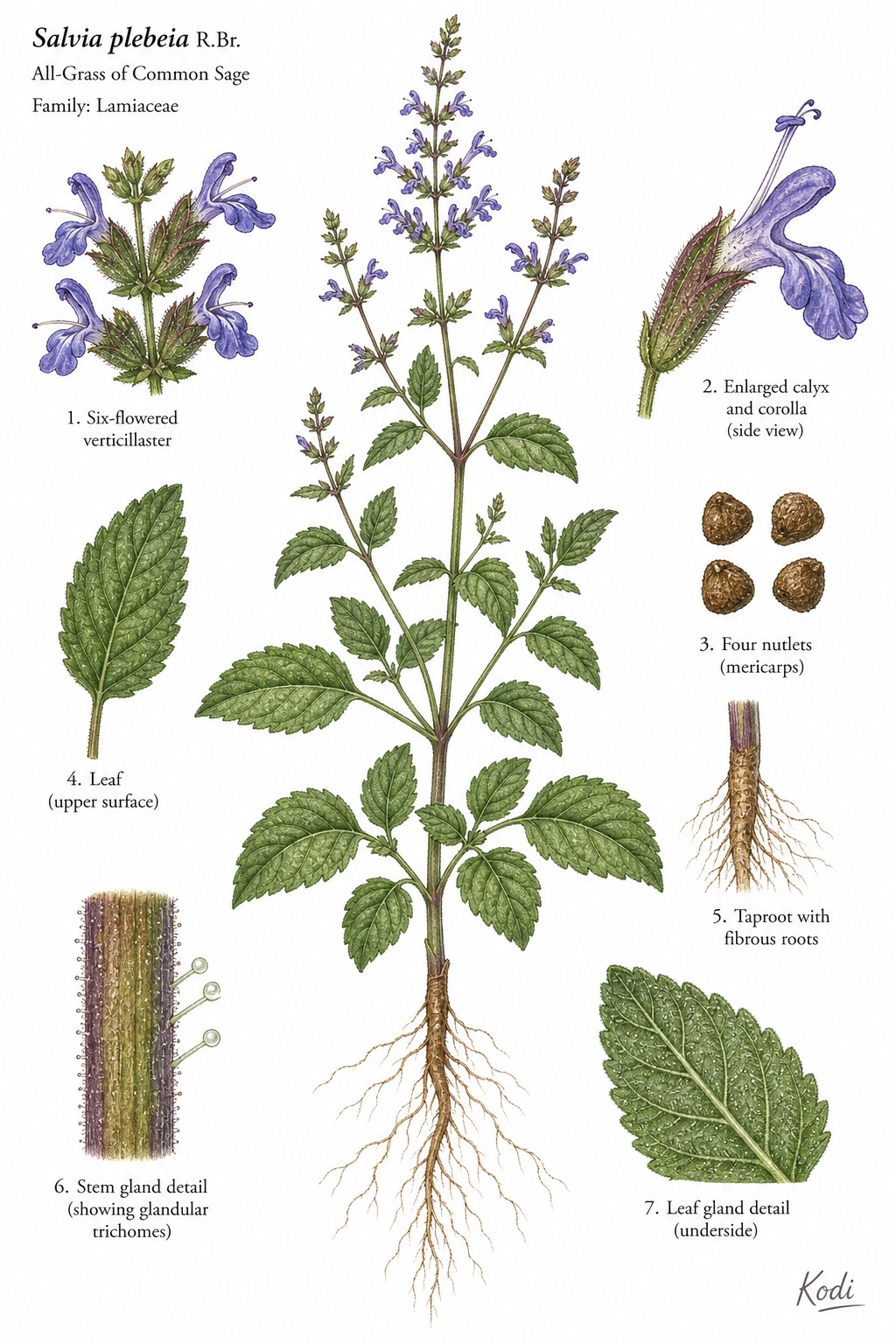 Botanical illustration of All-Grass of Common Sage, Salvia plebeia, showing habit, leaves, flowers, fruit, seed, root, and diagnostic plant details.