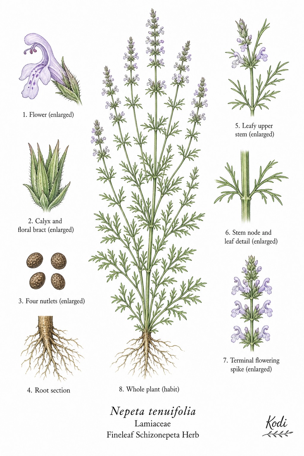Botanical illustration of Fineleaf Schizonepeta Herb, Nepeta tenuifolia, showing habit, leaves, flowers, fruit, seed, root, and diagnostic plant details.