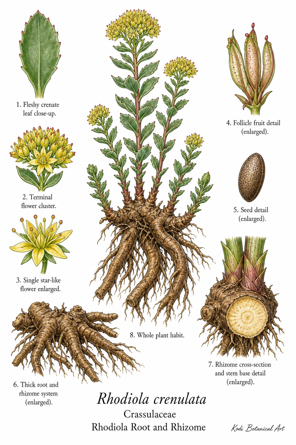Botanical illustration of Rhodiola Root and Rhizome, Rhodiola crenulata, showing habit, leaves, flowers, fruit, seed, root, rhizome, and diagnostic plant details.