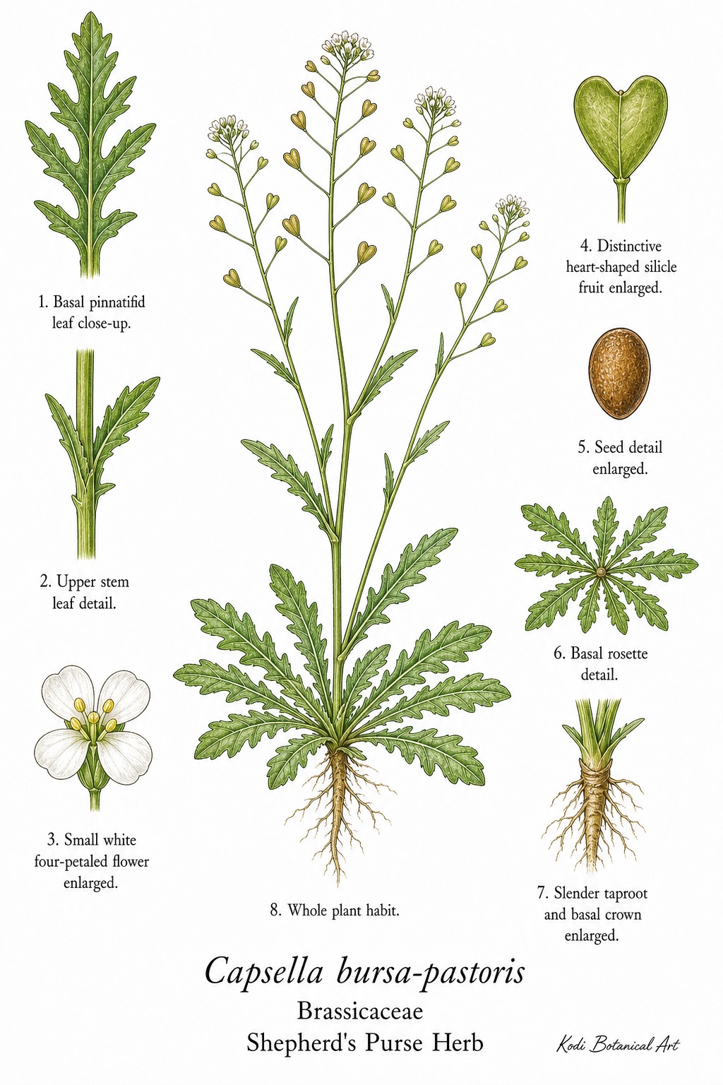 Botanical illustration of Shepherd's Purse Herb, Capsella bursa-pastoris, showing habit, leaves, flowers, silicle fruit, seed, root, and diagnostic plant details.