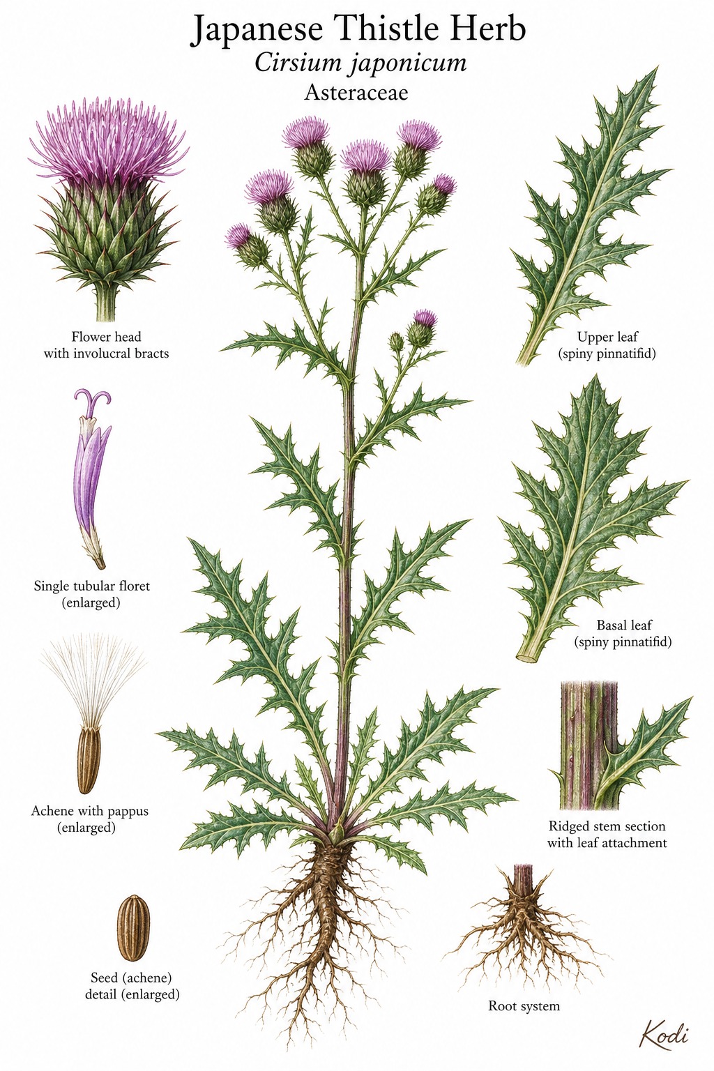 Botanical illustration of Japanese Thistle Herb, Cirsium japonicum, showing habit, spiny leaves, flower head, floret, achene, root, and diagnostic plant details.
