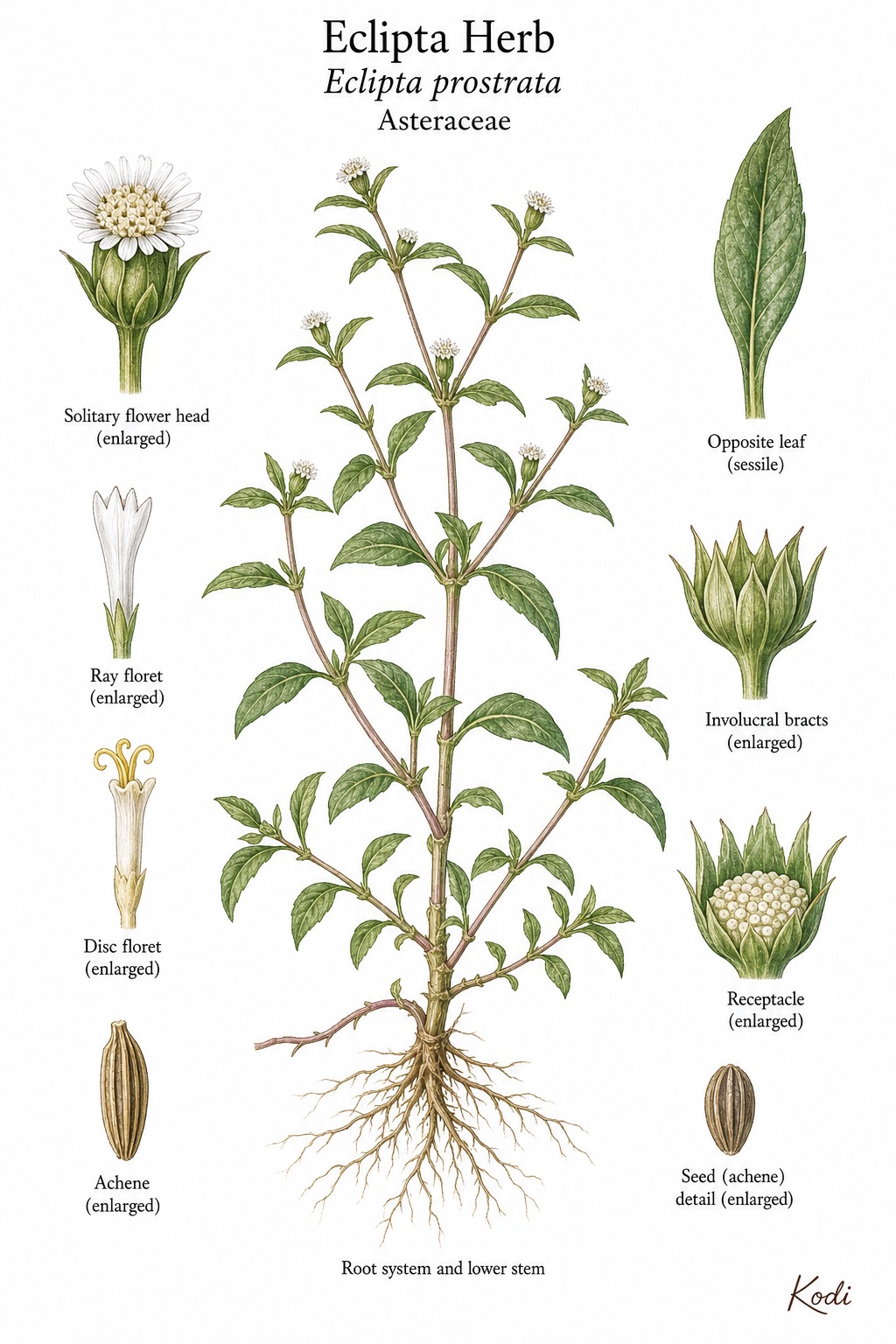 Botanical illustration of Eclipta Herb, Eclipta prostrata, showing habit, leaves, flower head, florets, achene, root, and diagnostic plant details.