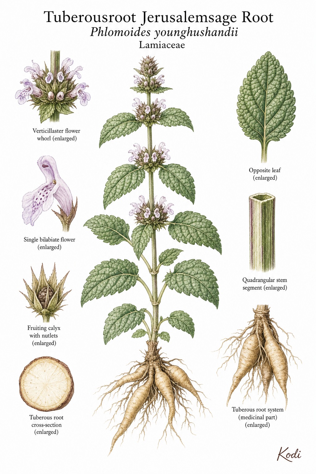 Botanical illustration of Tuberousroot Jerusalemsage Root, Phlomoides younghushandii, showing habit, leaves, flower whorls, calyx, nutlets, tuberous root, and diagnostic plant details.