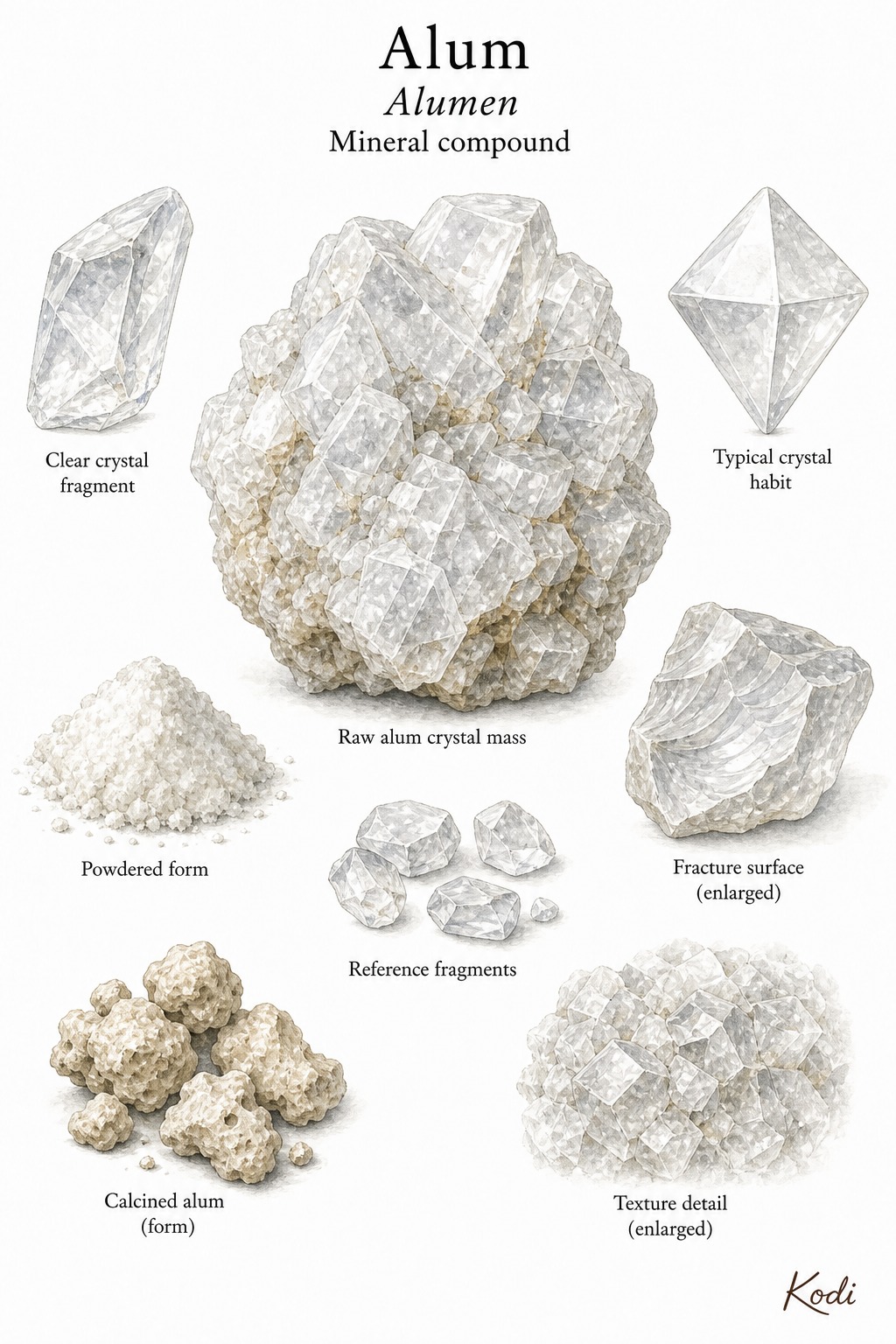 Scientific specimen plate of Alum, Alumen, showing raw crystals, crystal habit, translucent fragments, powder form, calcined form, and diagnostic material details.