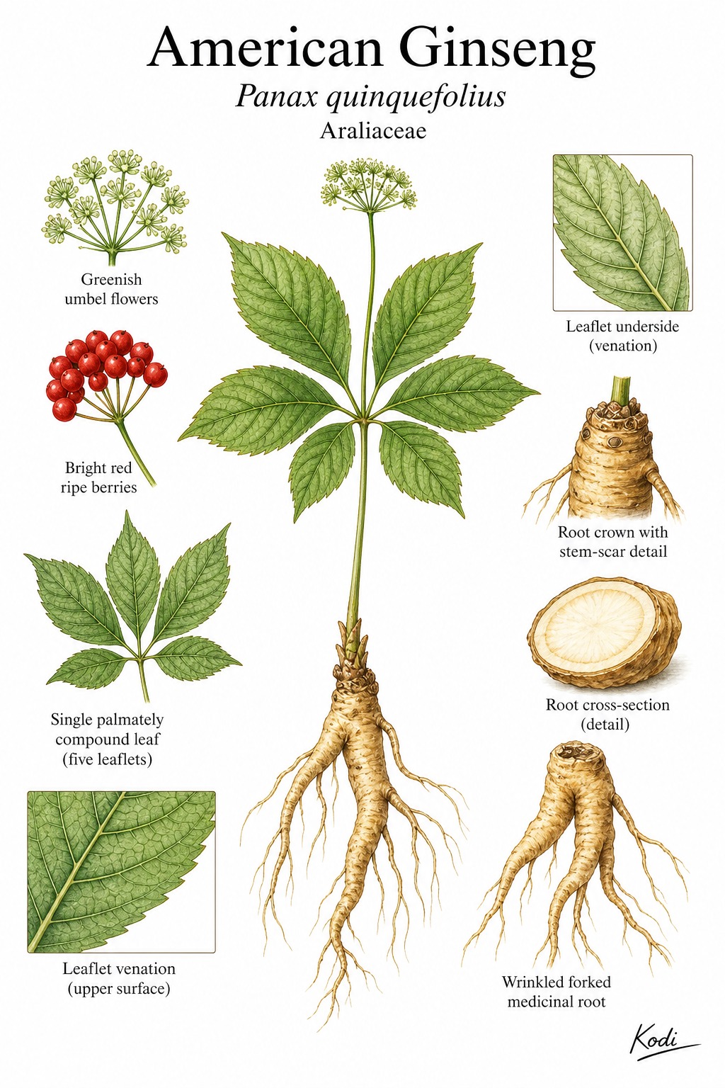 Botanical illustration of American Ginseng, Panax quinquefolius, showing compound leaves, umbel flowers, red berries, forked root, root crown, and diagnostic plant details.