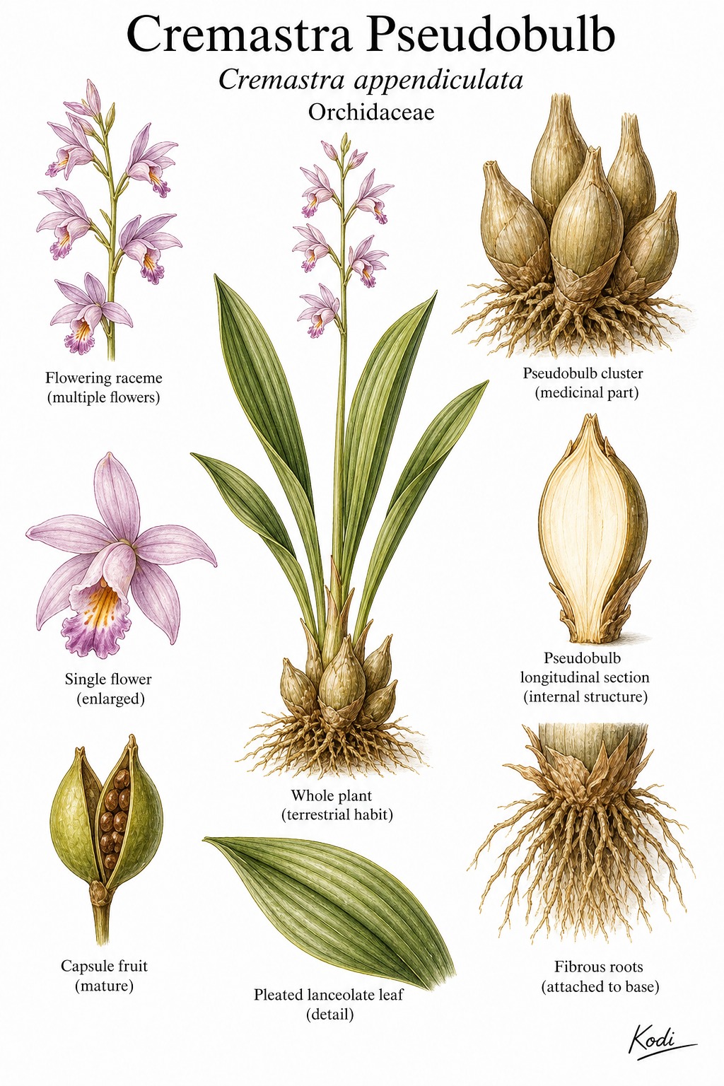 Botanical illustration of Cremastra Pseudobulb, Cremastra appendiculata, showing orchid habit, pleated leaves, flowering raceme, capsule, medicinal pseudobulb, and diagnostic plant details.