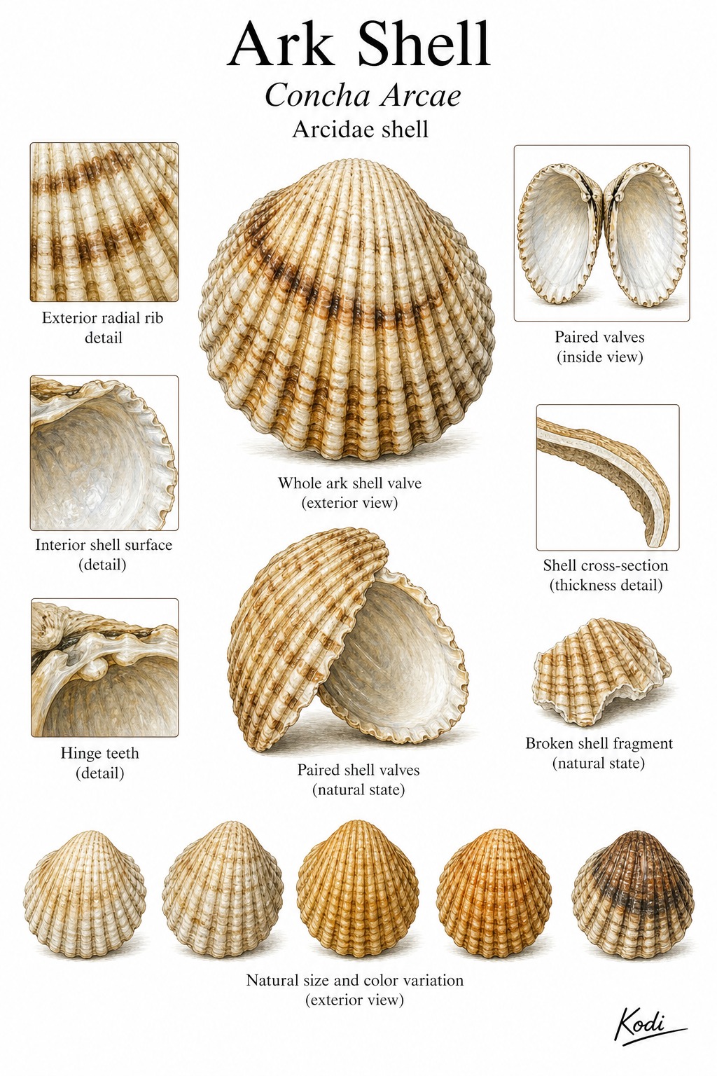 Scientific specimen plate of Ark Shell, Concha Arcae, showing raw ribbed shell valves, hinge teeth, shell cross-section, and diagnostic material details.