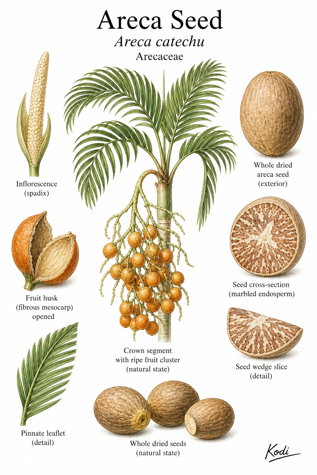 Botanical illustration of Areca Seed, Areca catechu, showing palm crown, fruit cluster, raw seed, marbled seed section, and diagnostic plant details.