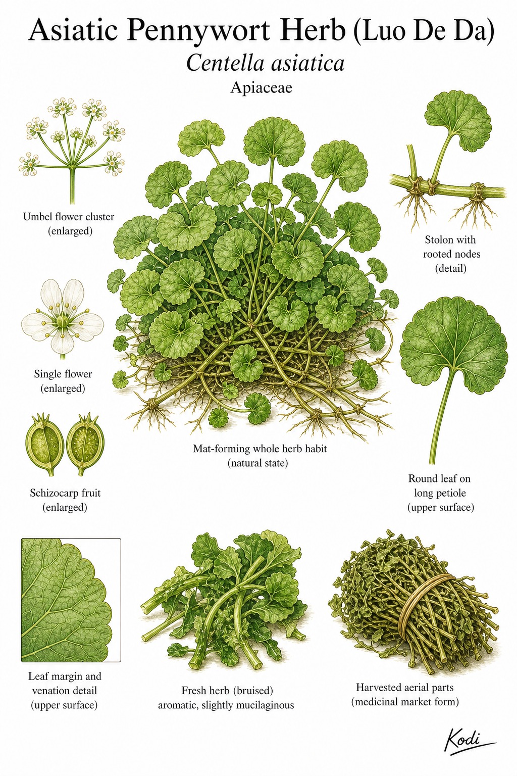 Botanical illustration of Asiatic Pennywort Herb (Luo De Da), Centella asiatica, showing mat-forming habit, harvested herb bundle, rounded leaves, rooted stolons, and diagnostic plant details.