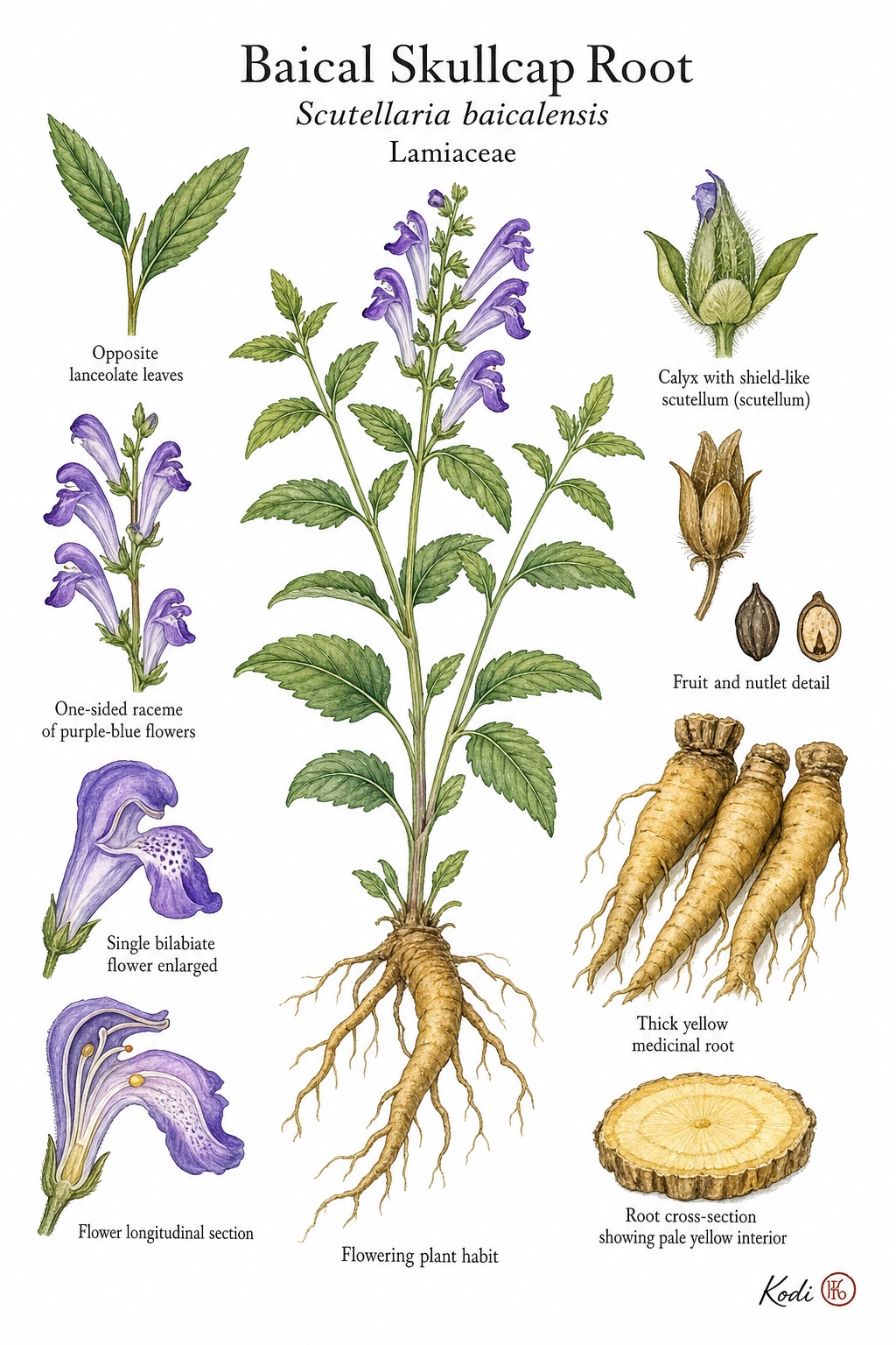 Botanical illustration of Baical Skullcap Root, Scutellaria baicalensis, showing flowering plant habit, purple-blue flowers, scutellum calyx, thick yellow medicinal root, root cross-section, and diagnostic plant details.