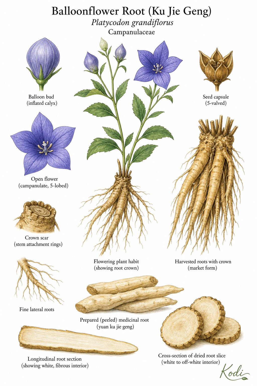 Botanical illustration of Balloonflower Root (Ku Jie Geng), Platycodon grandiflorus, showing harvested root bundle, prepared medicinal root pieces, root sections, balloon buds, open flower, and diagnostic plant details.