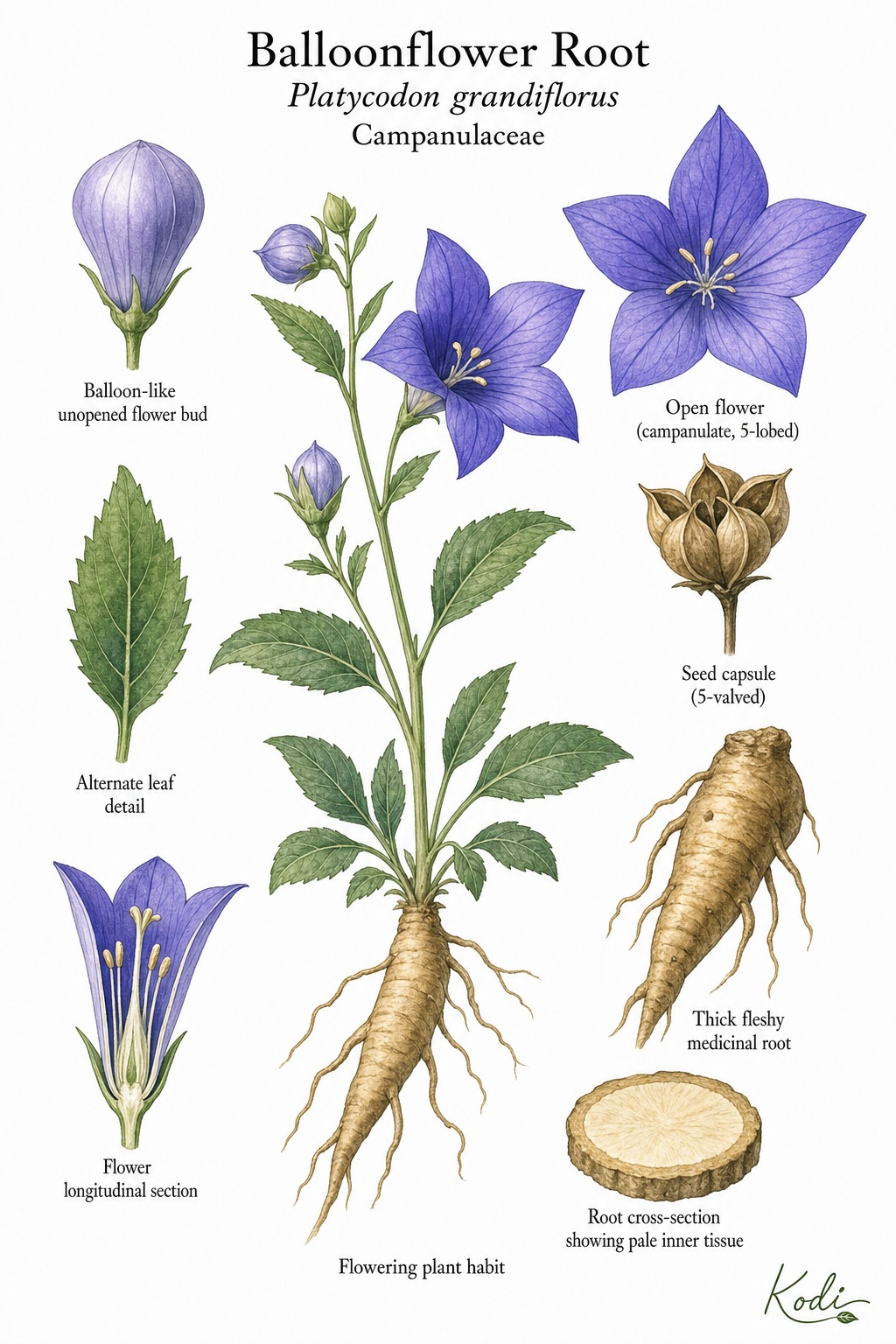 Botanical illustration of Balloonflower Root, Platycodon grandiflorus, showing flowering plant habit, balloon-like bud, open blue-violet flower, thick fleshy medicinal root, root cross-section, and diagnostic plant details.