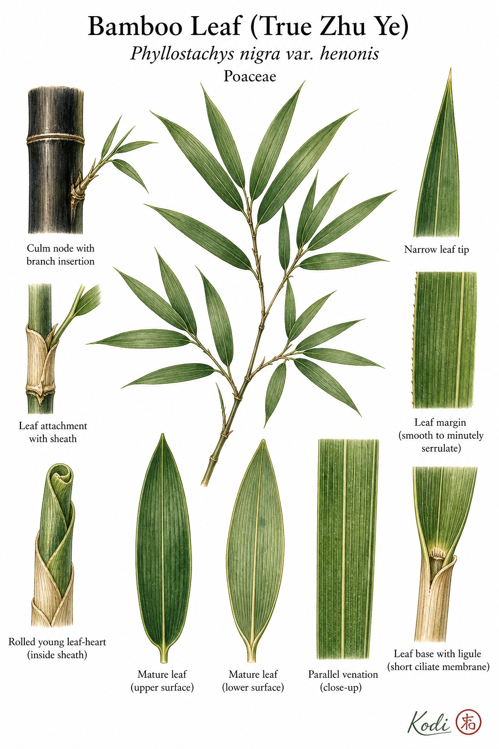 Botanical illustration of Bamboo Leaf (True Zhu Ye), Phyllostachys nigra var. henonis, showing woody bamboo branch, lanceolate leaves, parallel venation, culm node, leaf sheath and ligule, and diagnostic plant details.