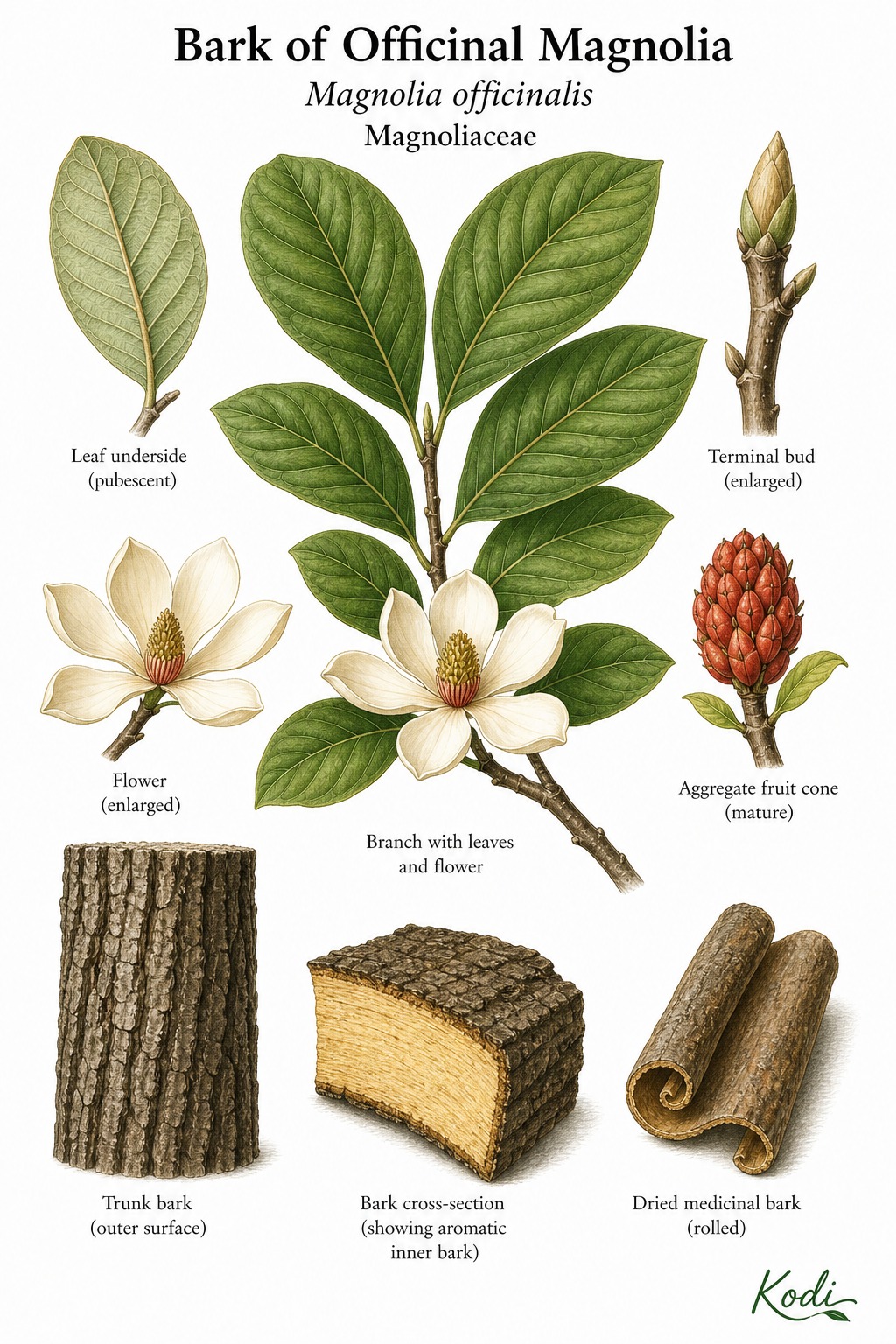 Botanical illustration of Bark of Officinal Magnolia, Magnolia officinalis, showing large leaves, flower, fruit cone, thick medicinal bark, bark cross-section, and diagnostic plant details.