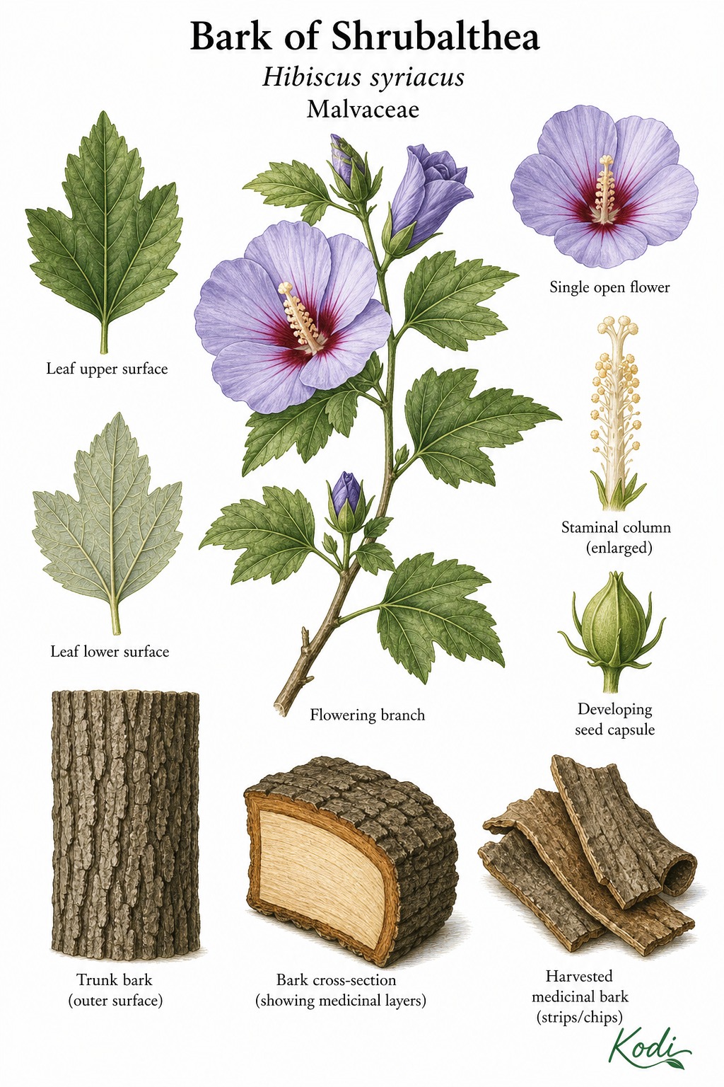Botanical illustration of Bark of Shrubalthea, Hibiscus syriacus, showing flowering branch, leaf detail, seed capsule, bark texture, medicinal bark strips, and diagnostic plant details.