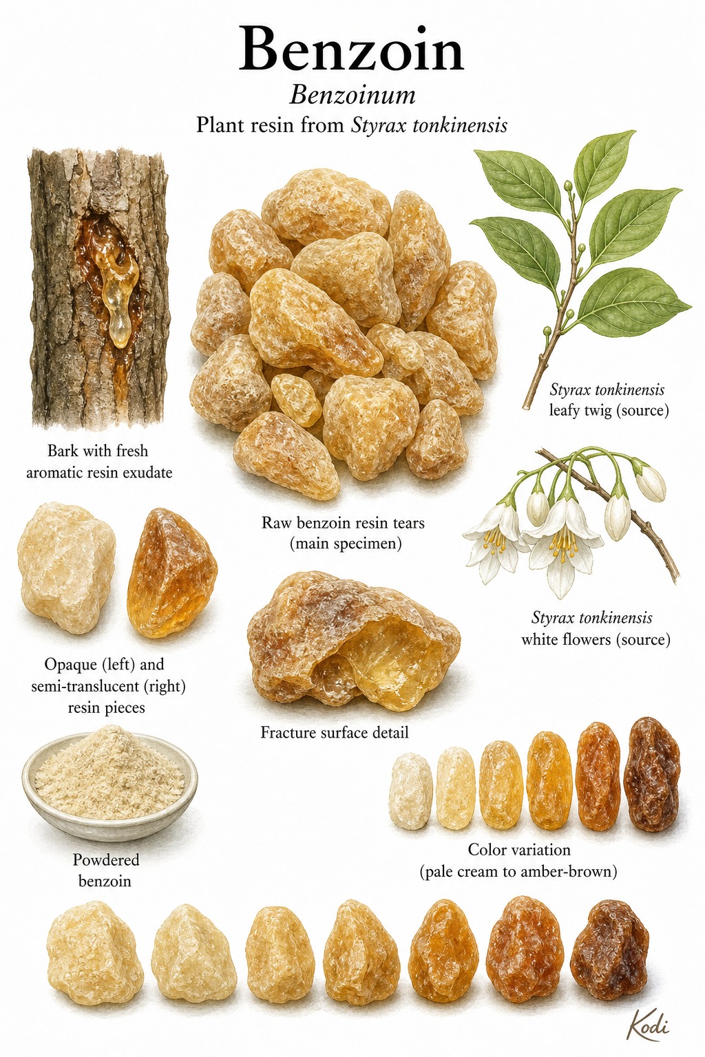 Scientific specimen plate of Benzoin, Benzoinum, showing raw resin tears, bark exudate, Styrax source context, powder, and diagnostic resin details.
