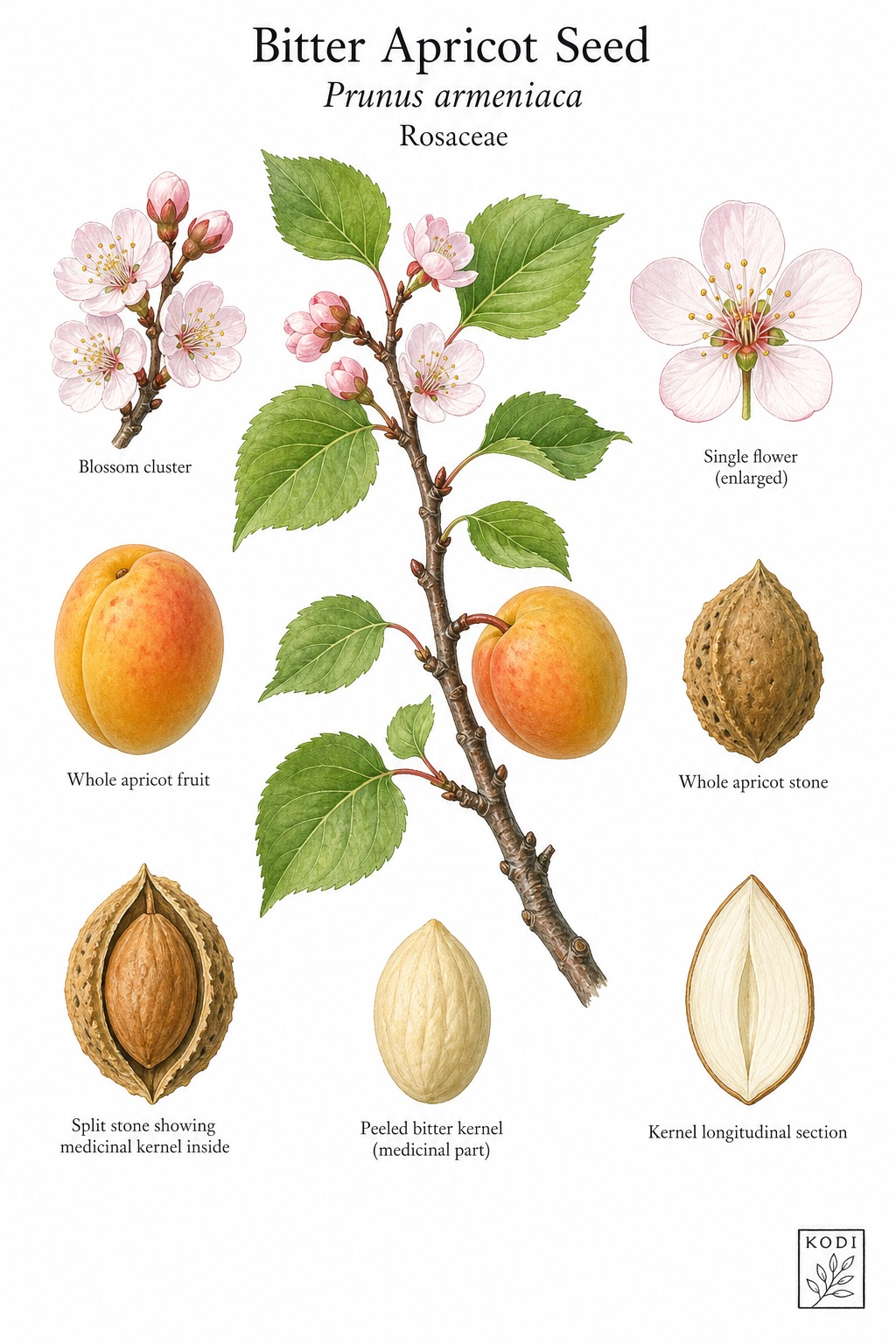 Botanical illustration of Bitter Apricot Seed, Prunus armeniaca, showing fruiting branch, blossoms, split stone, medicinal kernel, and diagnostic plant details.