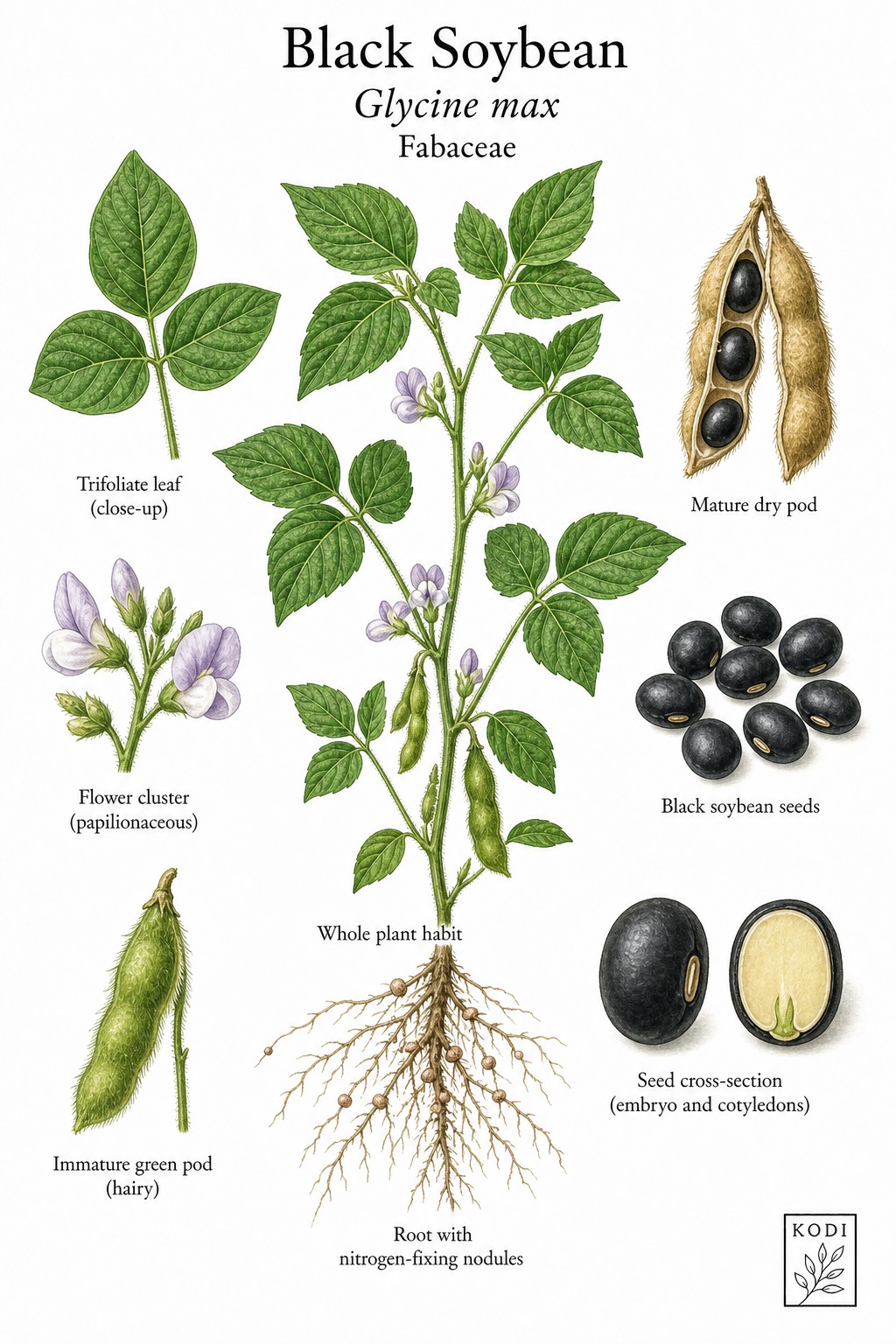 Botanical illustration of Black Soybean, Glycine max, showing habit, leaves, flowers, pods, black seeds, and diagnostic plant details.