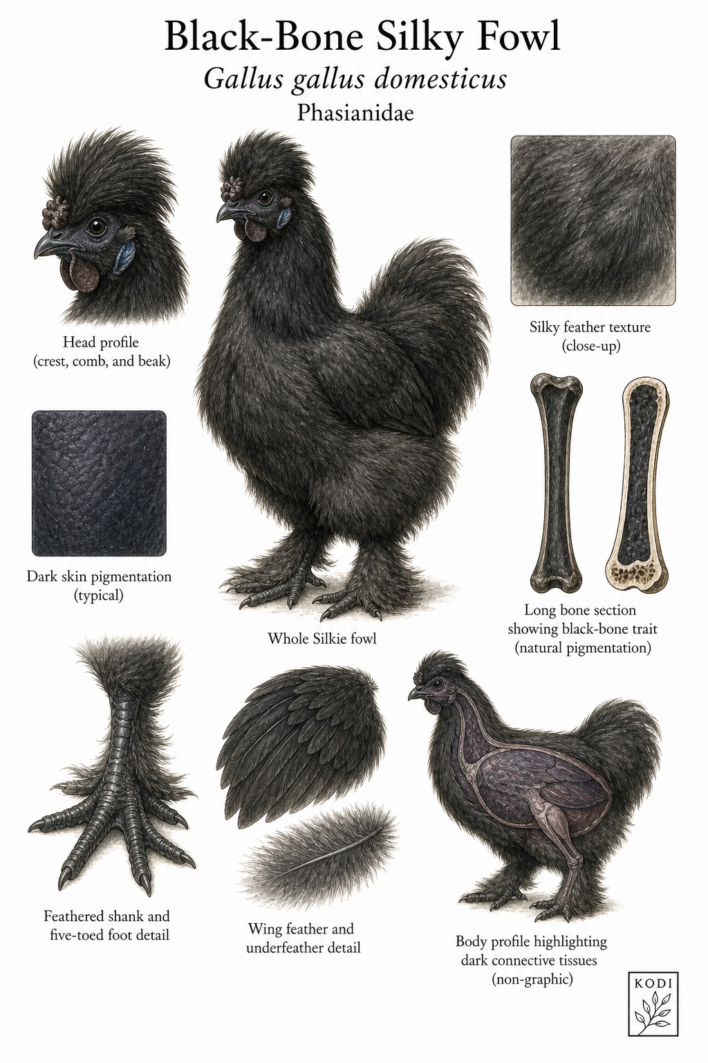 Scientific specimen plate of Black-Bone Silky Fowl, Gallus gallus domesticus, showing whole bird form, silky feathers, five-toed foot, dark skin, black bone trait, and diagnostic material details.
