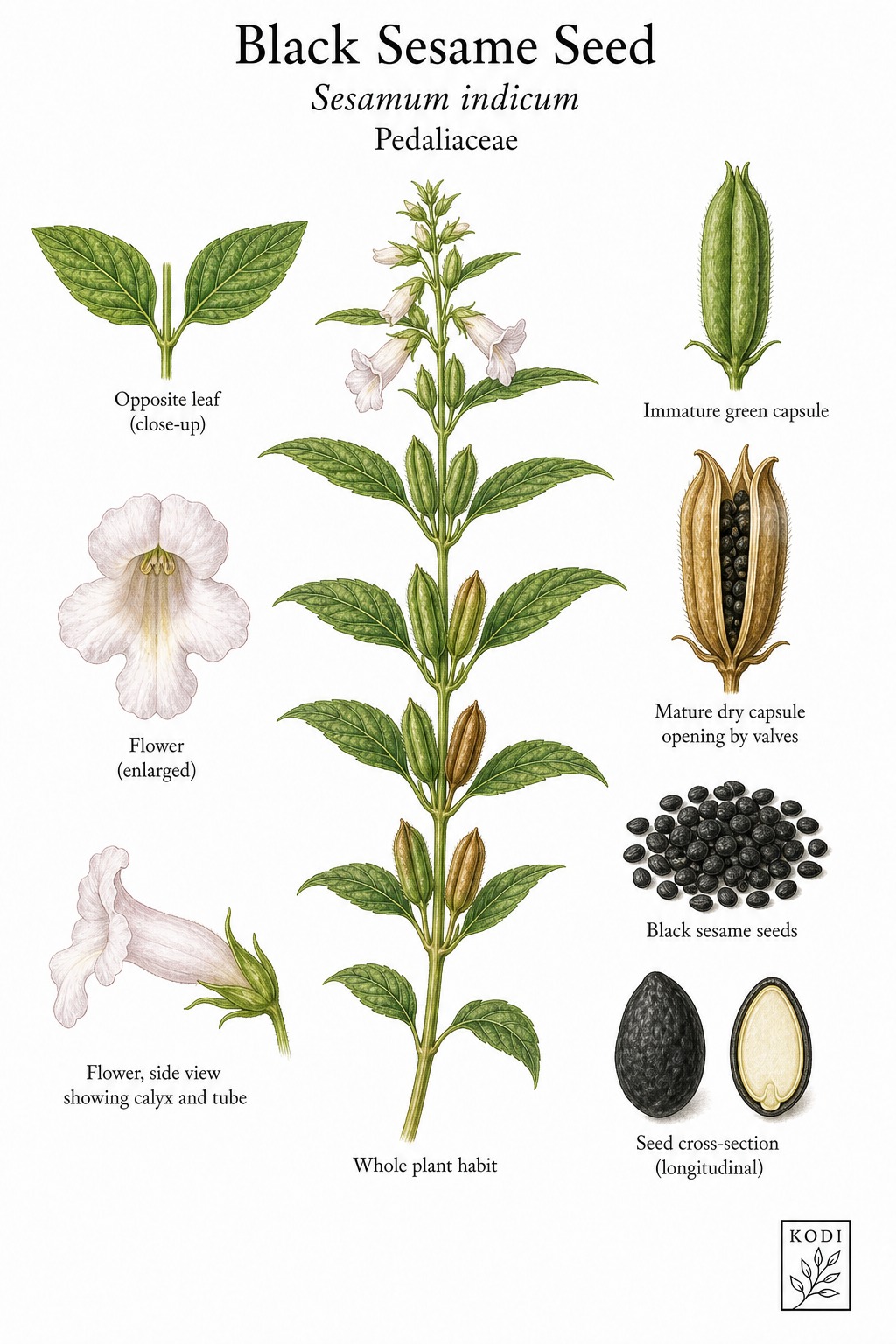 Botanical illustration of Black Sesame Seed, Sesamum indicum, showing habit, leaves, flowers, capsules, seeds, and diagnostic plant details.
