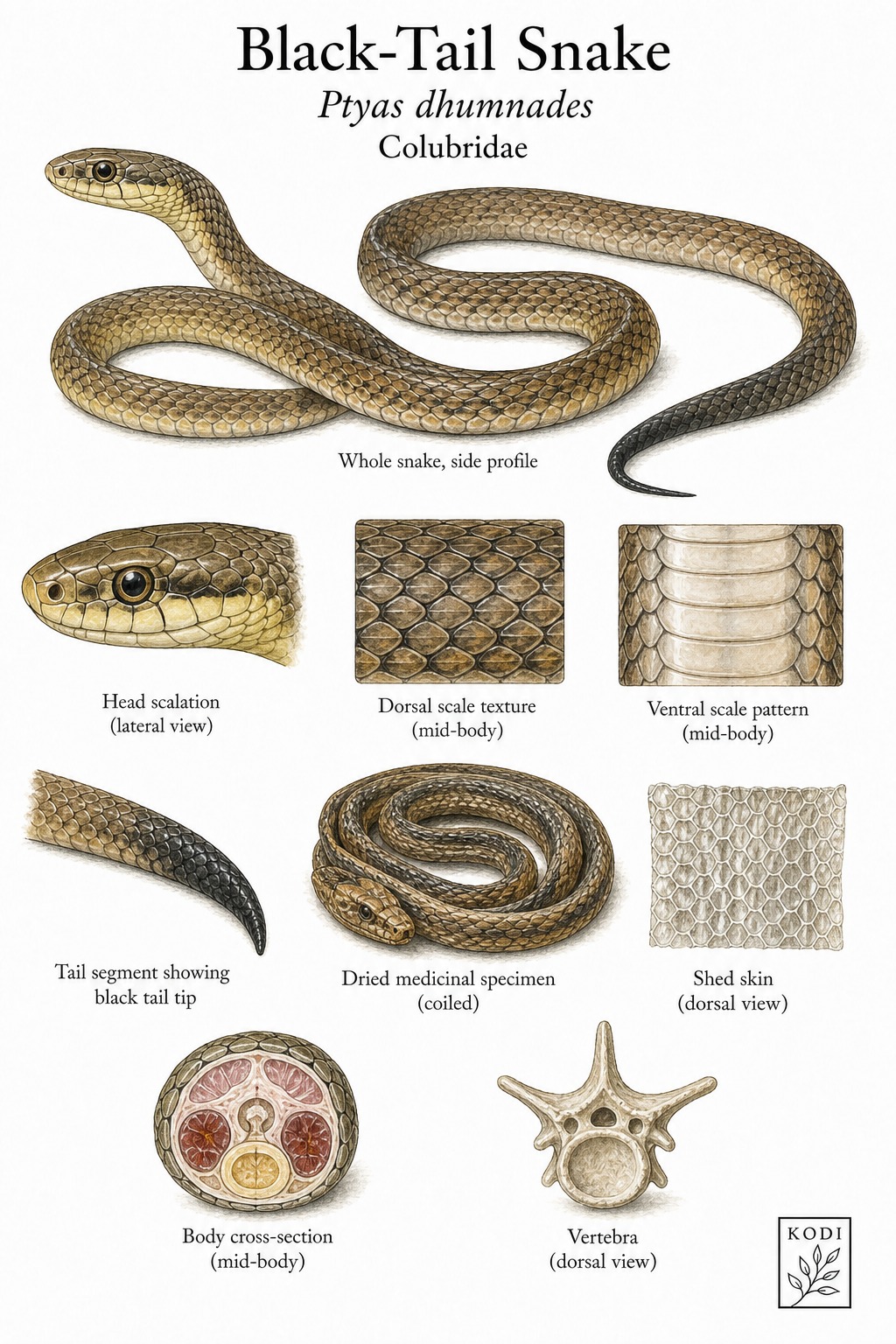 Scientific specimen plate of Black-Tail Snake, Ptyas dhumnades, showing whole snake form, scale pattern, dark tail tip, dried medicinal body, and diagnostic material details.