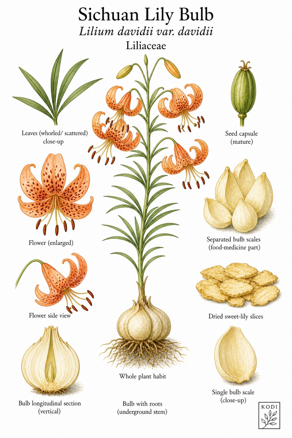 Botanical illustration of Sichuan Lily Bulb, Lilium davidii var. davidii, showing habit, leaves, flower, bulb, bulb scales, and diagnostic plant details.