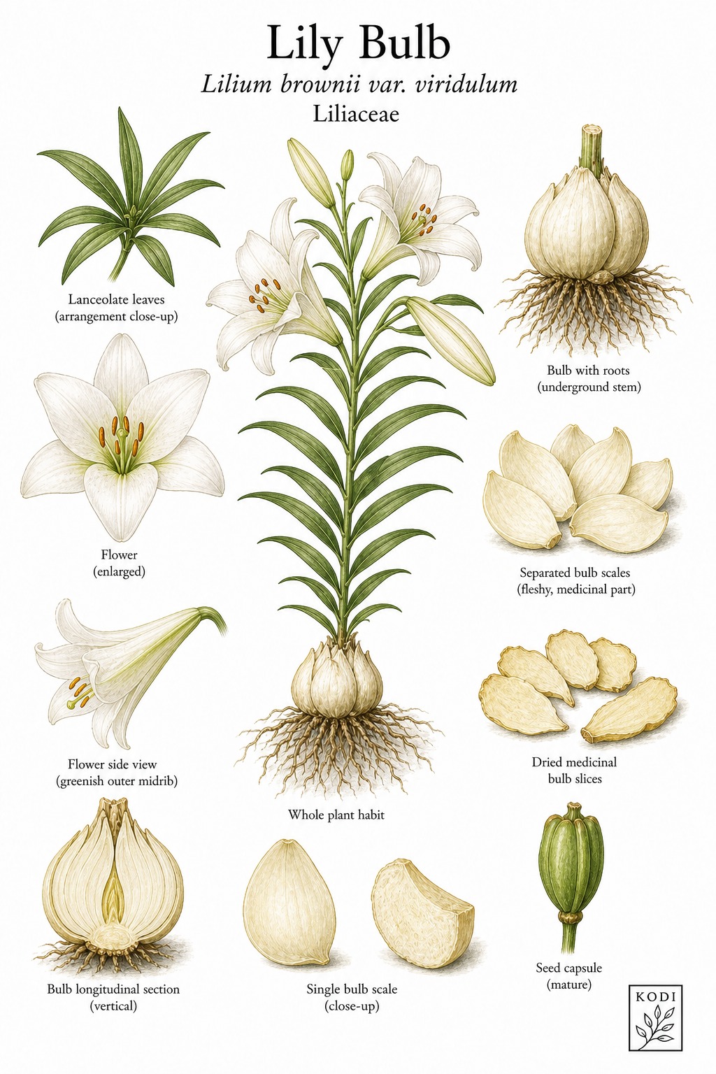Botanical illustration of Lily Bulb, Lilium brownii var. viridulum, showing habit, leaves, flower, bulb, bulb scales, and diagnostic plant details.