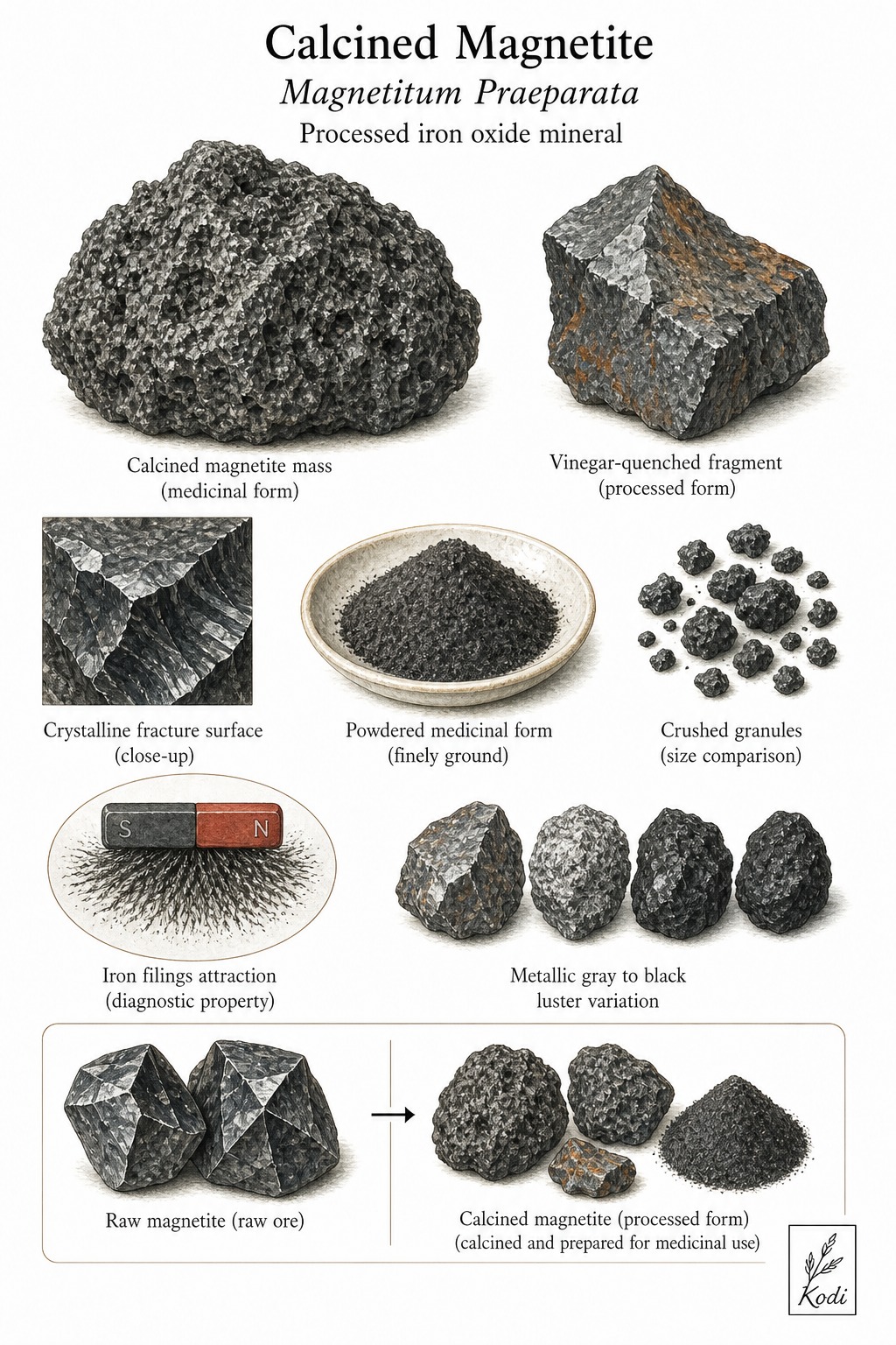 Scientific specimen plate of Calcined Magnetite, Magnetitum Praeparata, showing processed magnetite fragments, powder, and diagnostic mineral details.