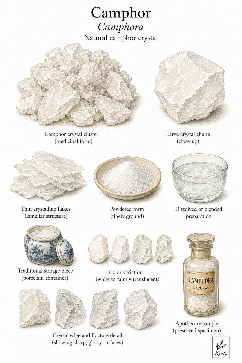 Scientific specimen plate of Camphor, Camphora, showing crystalline lumps, flakes, powder, dissolved preparation, and diagnostic aromatic material details.