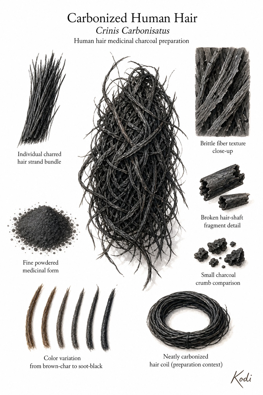 Scientific specimen plate of Carbonized Human Hair, Crinis Carbonisatus, showing charred hair bundles, powder, brittle fiber detail, and diagnostic material details.