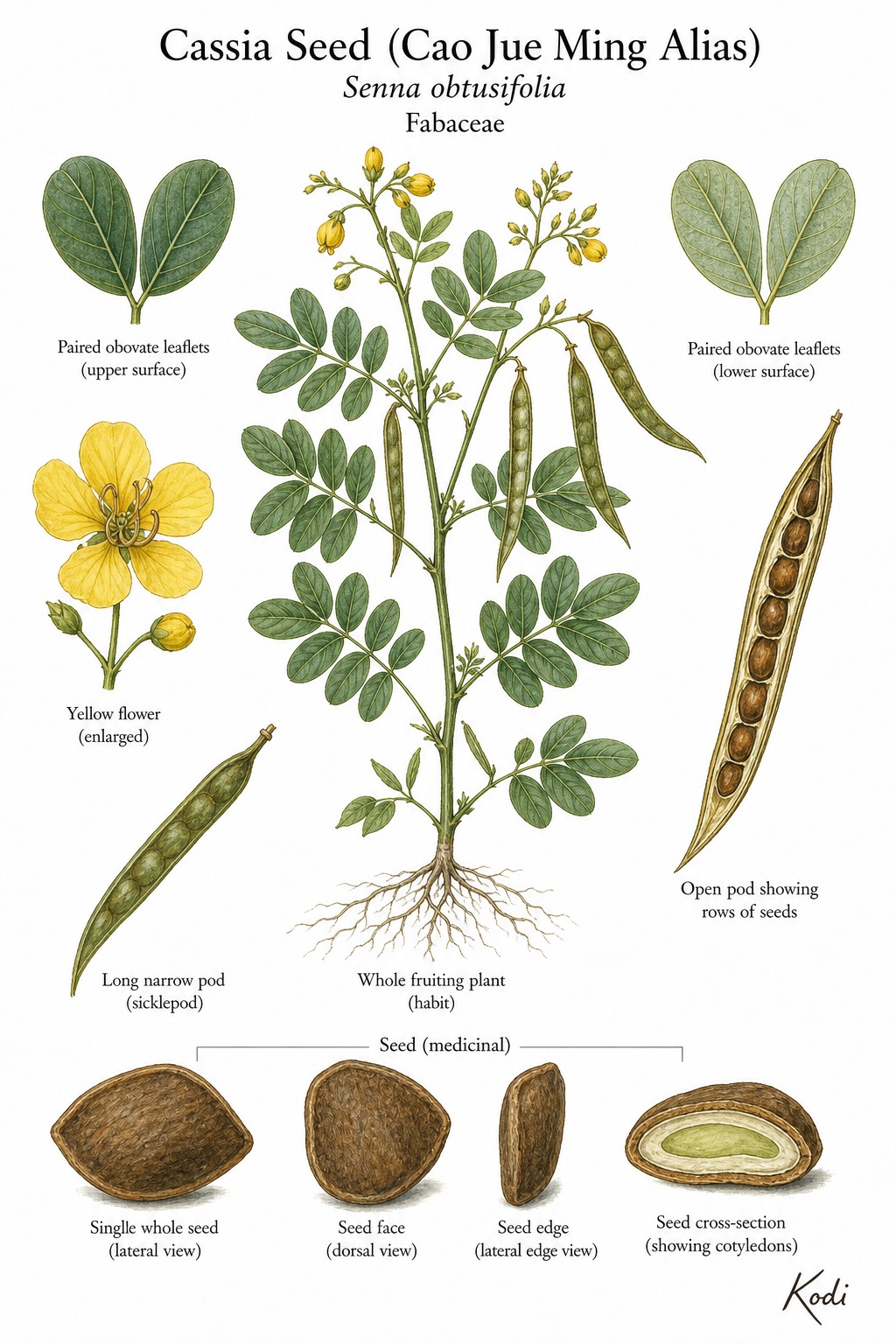 Botanical illustration of Cassia Seed (Cao Jue Ming Alias), Senna obtusifolia, showing habit, leaflets, flowers, pods, seeds, and diagnostic plant details.