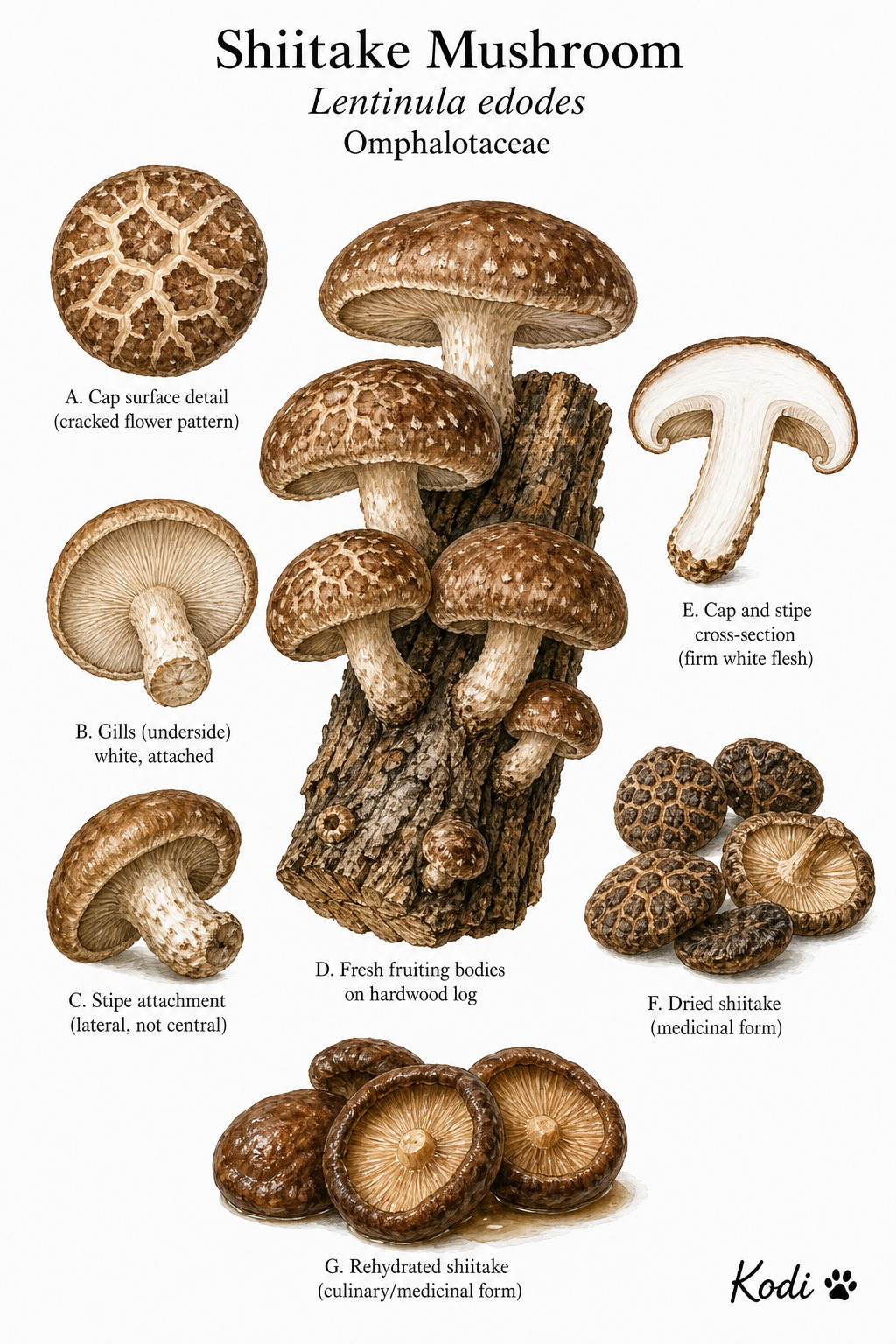 Scientific fungus specimen plate of Shiitake Mushroom, Lentinula edodes, showing fresh fruiting bodies, gills, wood-grown habit, dried form, and diagnostic material details.