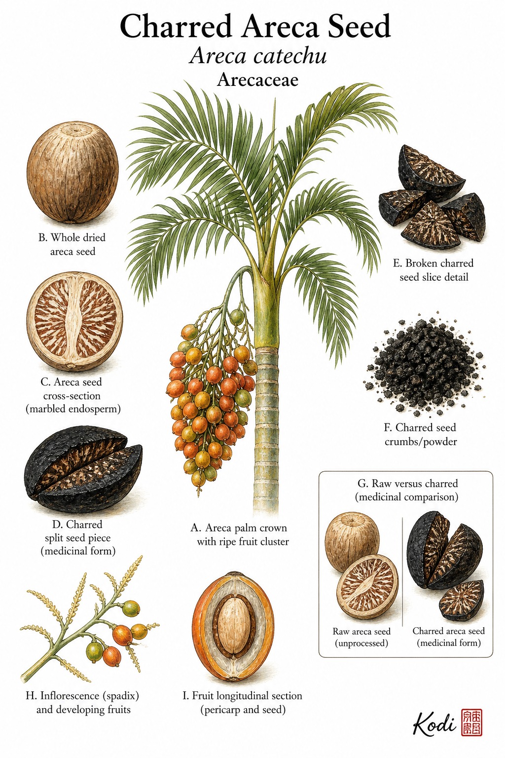 Botanical illustration of Charred Areca Seed, Areca catechu, showing areca palm source, fruits, marbled seed structure, scorched pieces, and diagnostic processed-herb details.