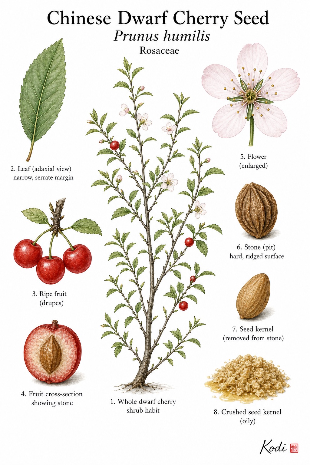 Botanical illustration of Chinese Dwarf Cherry Seed, Prunus humilis, showing shrub habit, flowers, fruit, stone, seed kernel, and diagnostic plant details.