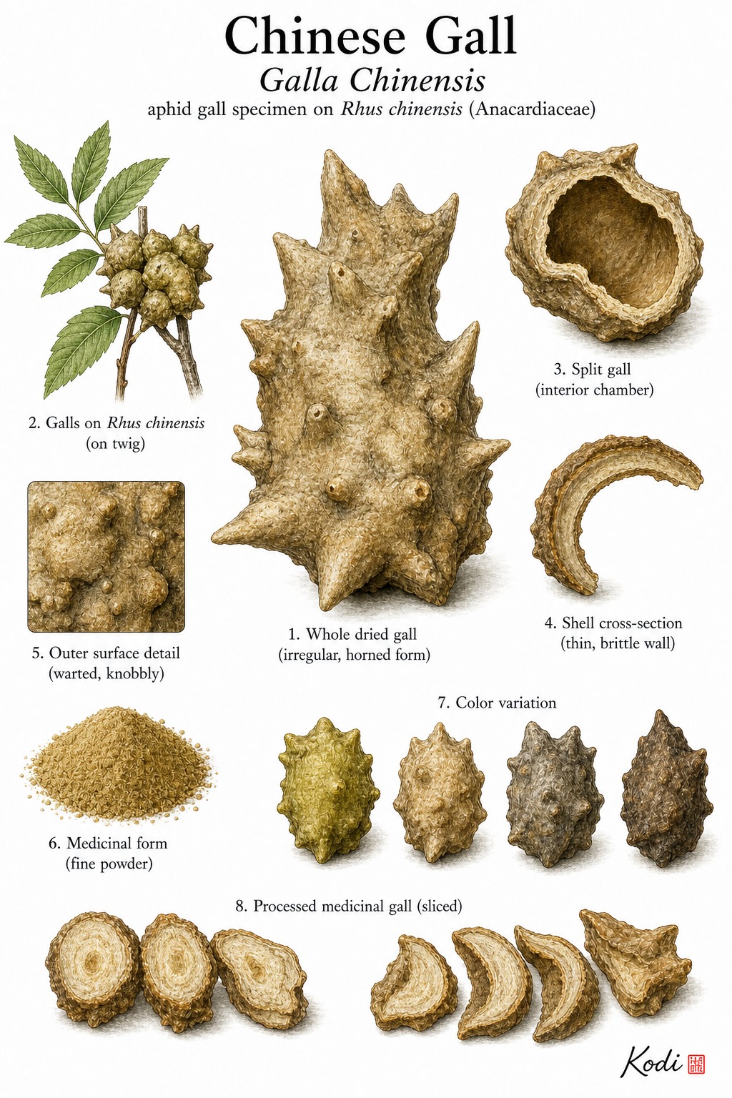 Scientific specimen plate of Chinese Gall, Galla Chinensis, showing dried horned galls, hollow interior, powder, and diagnostic source-gall details.