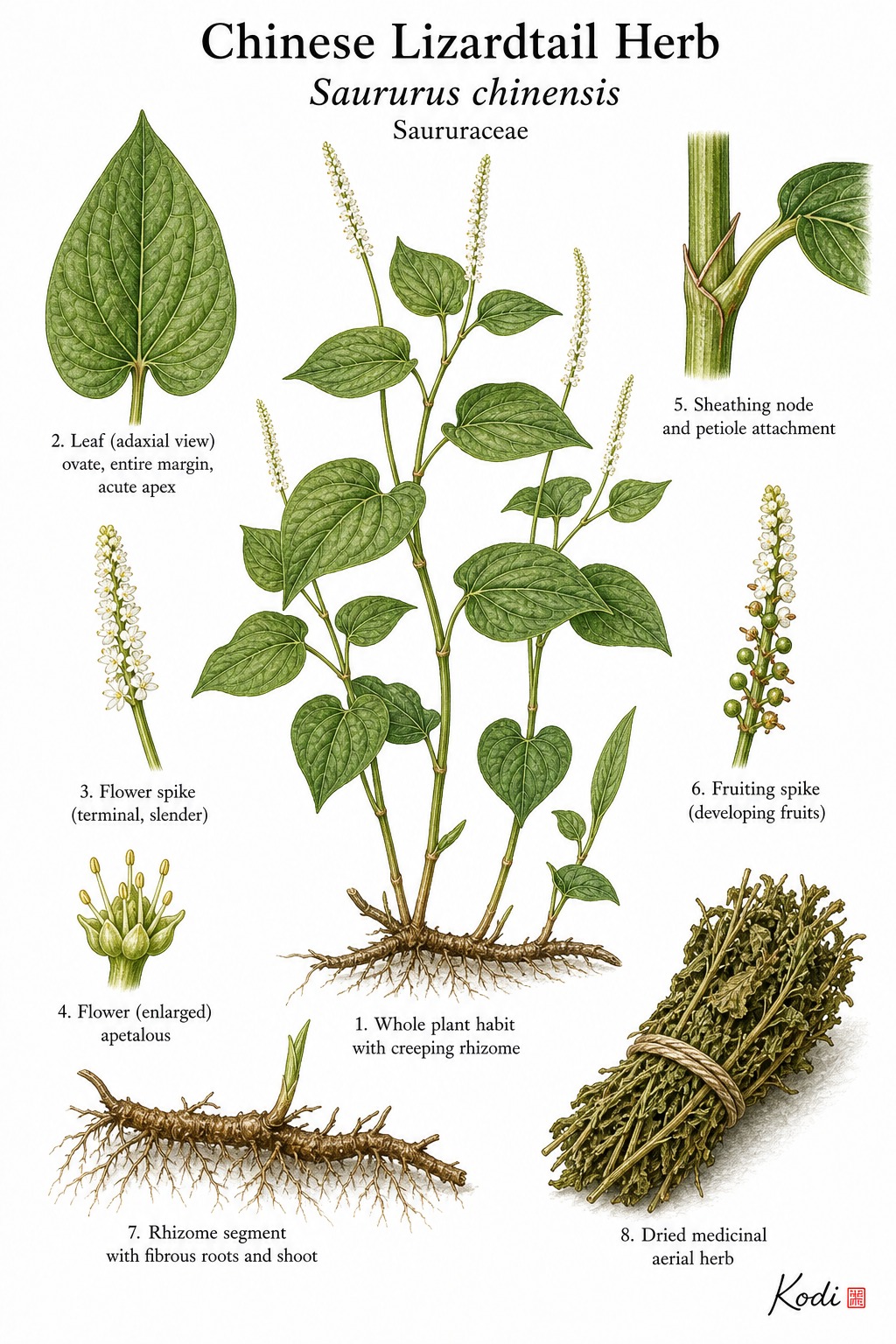 Botanical illustration of Chinese Lizardtail Herb, Saururus chinensis, showing herb habit, leaves, flower spike, rhizome, and diagnostic plant details.