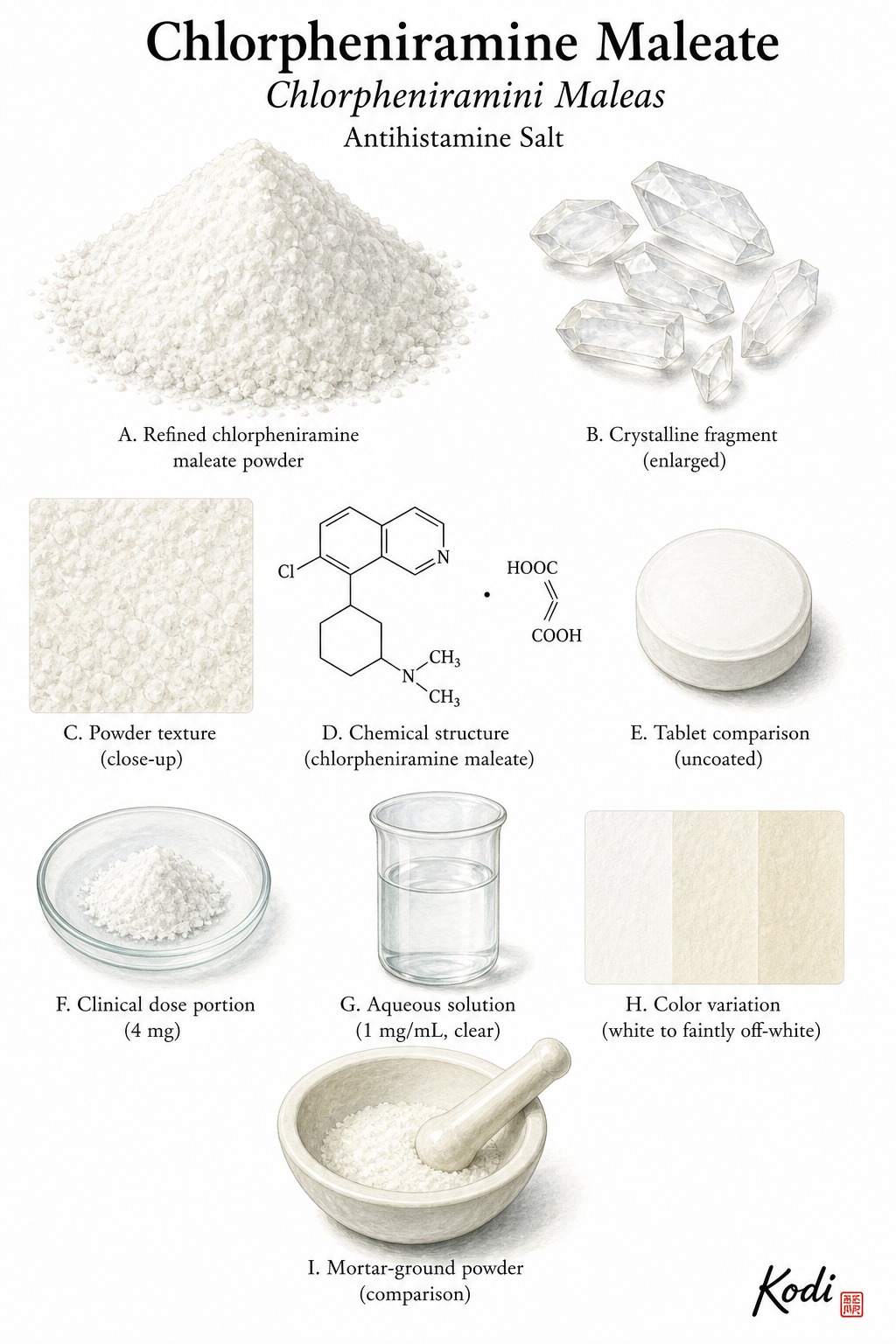 Scientific specimen plate of Chlorpheniramine Maleate, Chlorpheniramini Maleas, showing refined powder, crystalline fragments, tablet comparison, and diagnostic pharmaceutical compound details.