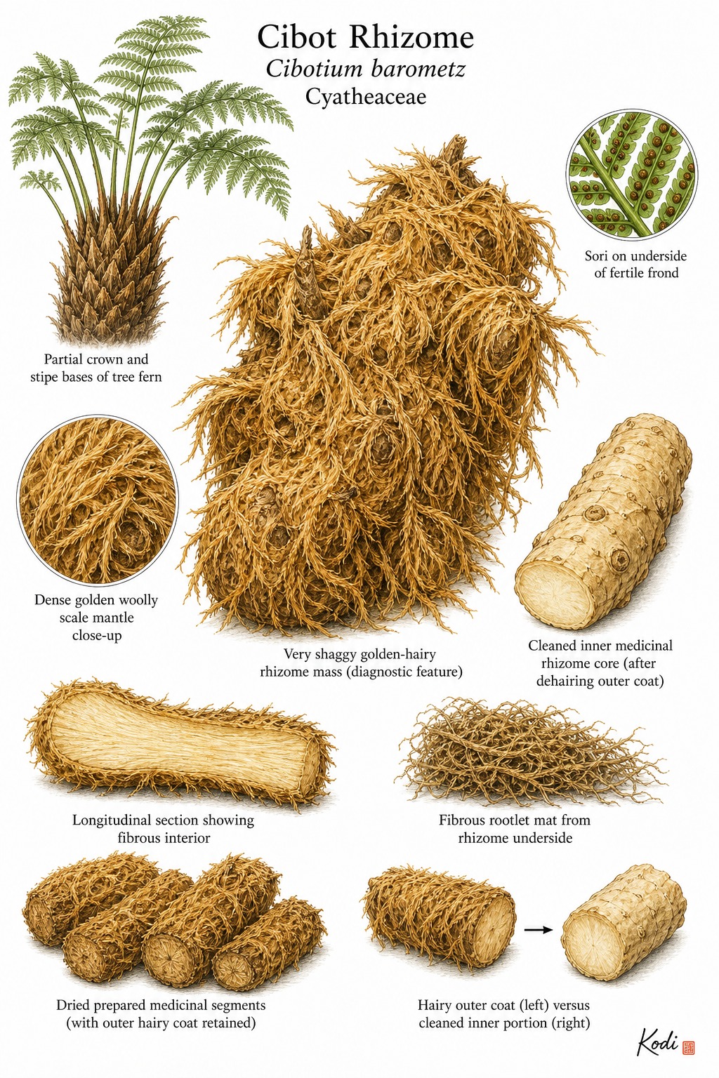Botanical illustration of Cibot Rhizome, Cibotium barometz, showing shaggy golden-hairy rhizome, cleaned inner core, prepared segments, and diagnostic source-fern details.
