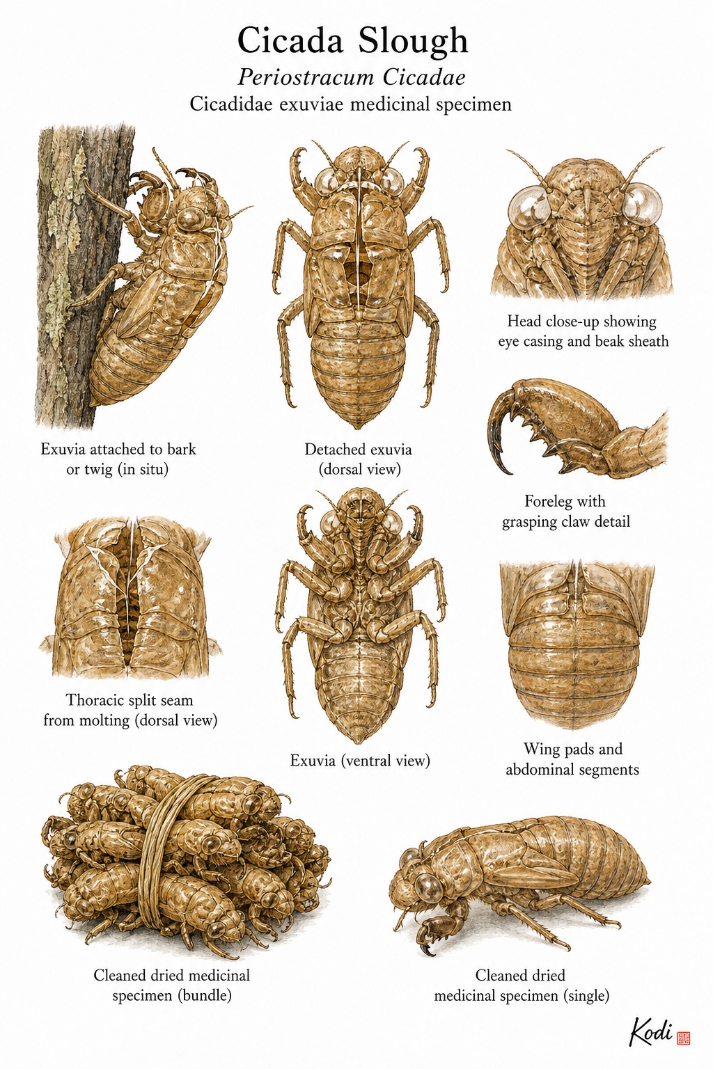 Scientific specimen plate of Cicada Slough, Periostracum Cicadae, showing whole exuvia, attachment posture, head and leg details, and diagnostic insect-shell features.