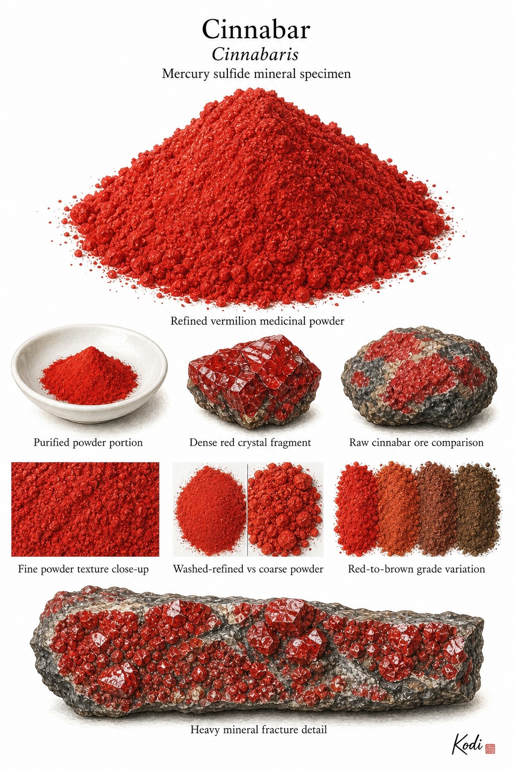 Scientific specimen plate of Cinnabar, Cinnabaris, showing refined vermilion powder, crystal fragments, raw ore comparison, and diagnostic mineral details.