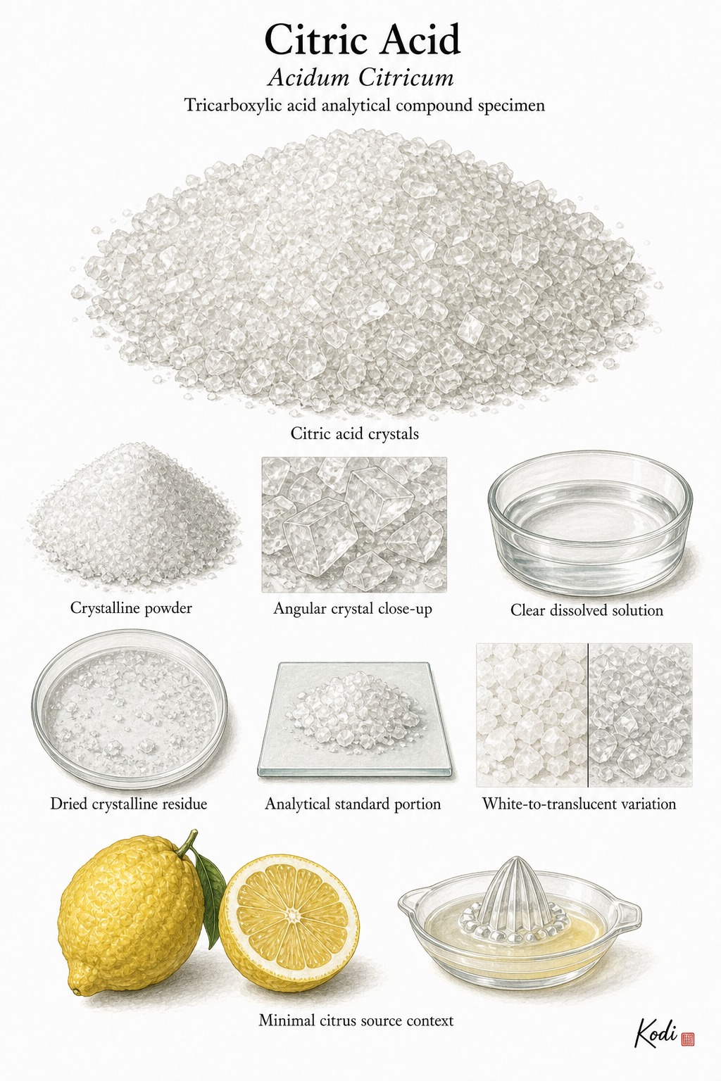 Scientific specimen plate of Citric Acid, Acidum Citricum, showing crystals, powder, solution, and diagnostic analytical compound details.