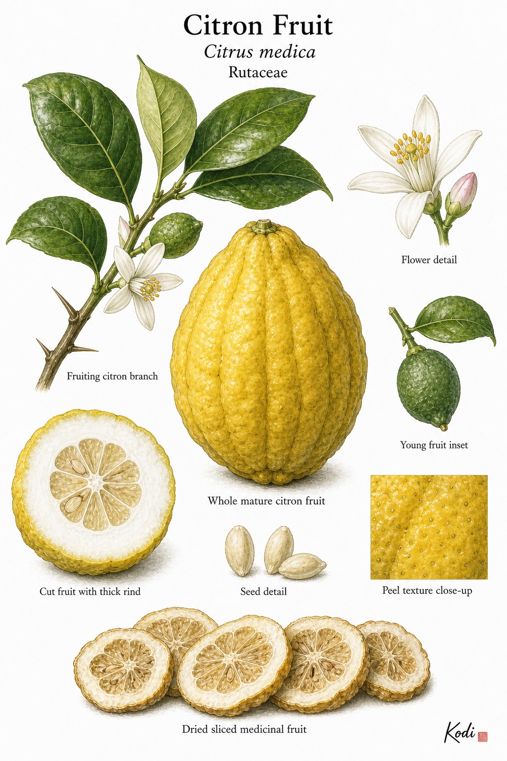 Botanical illustration of Citron Fruit, Citrus medica, showing branch, leaves, flowers, mature fruit, rind, seed, and diagnostic plant details.